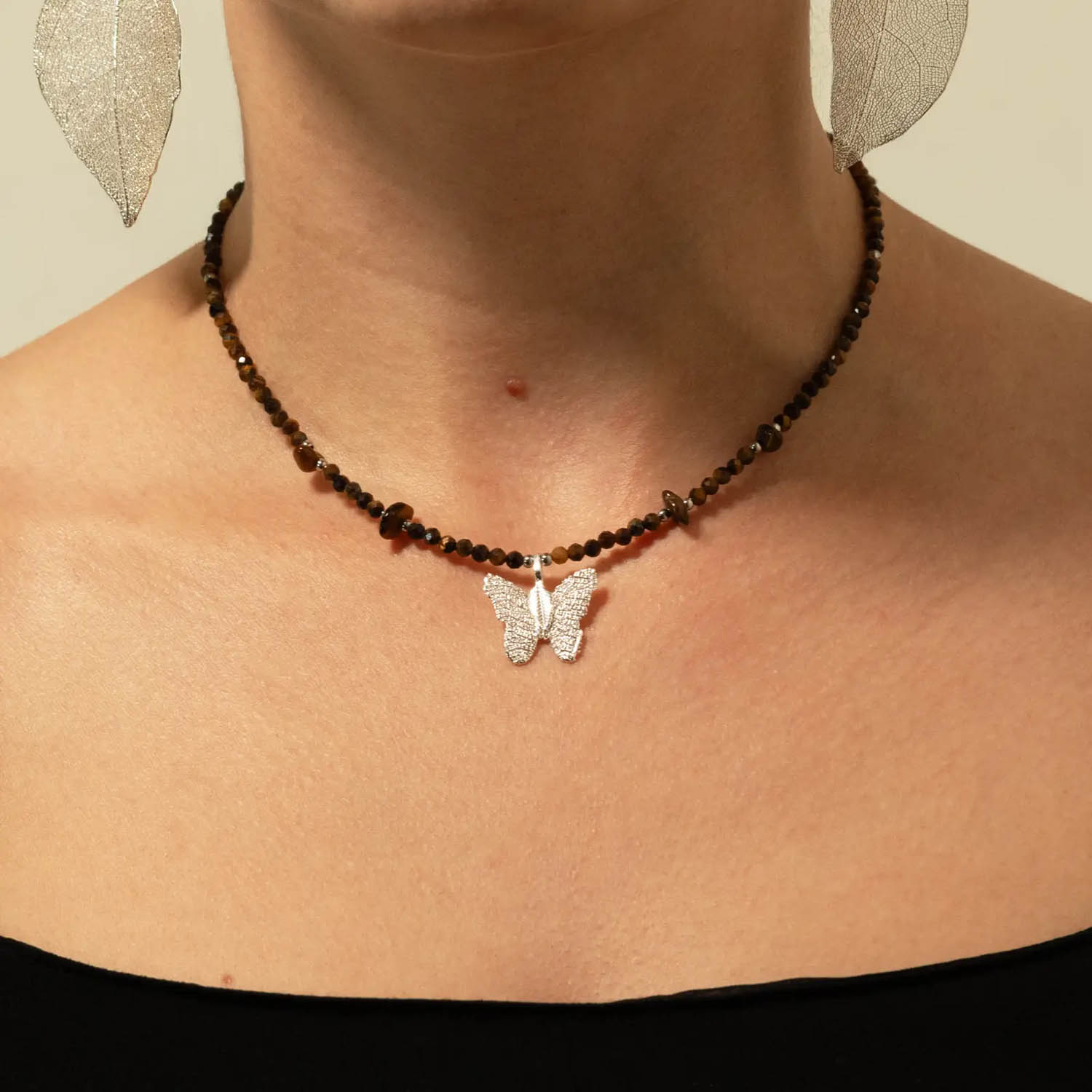 Nymph Tiger's Eye Gemstone Necklace with Real Leaf Butterfly2
