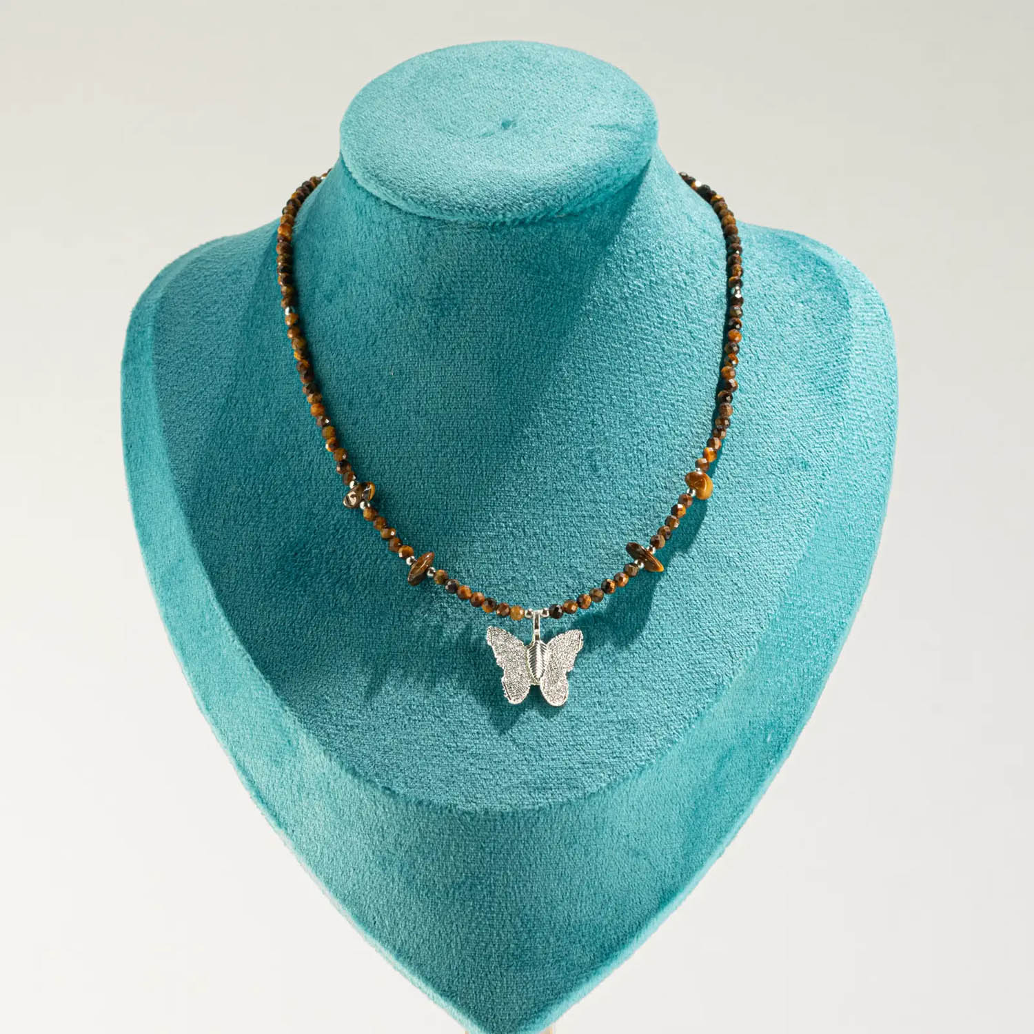 Nymph Tiger's Eye Gemstone Necklace with Real Leaf Butterfly4