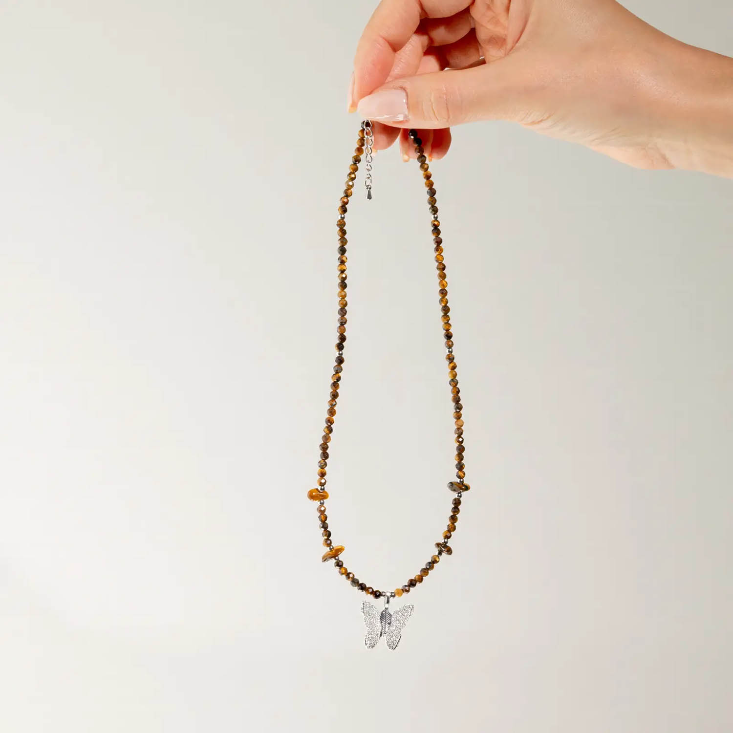 Nymph Tiger's Eye Gemstone Necklace with Real Leaf Butterfly6