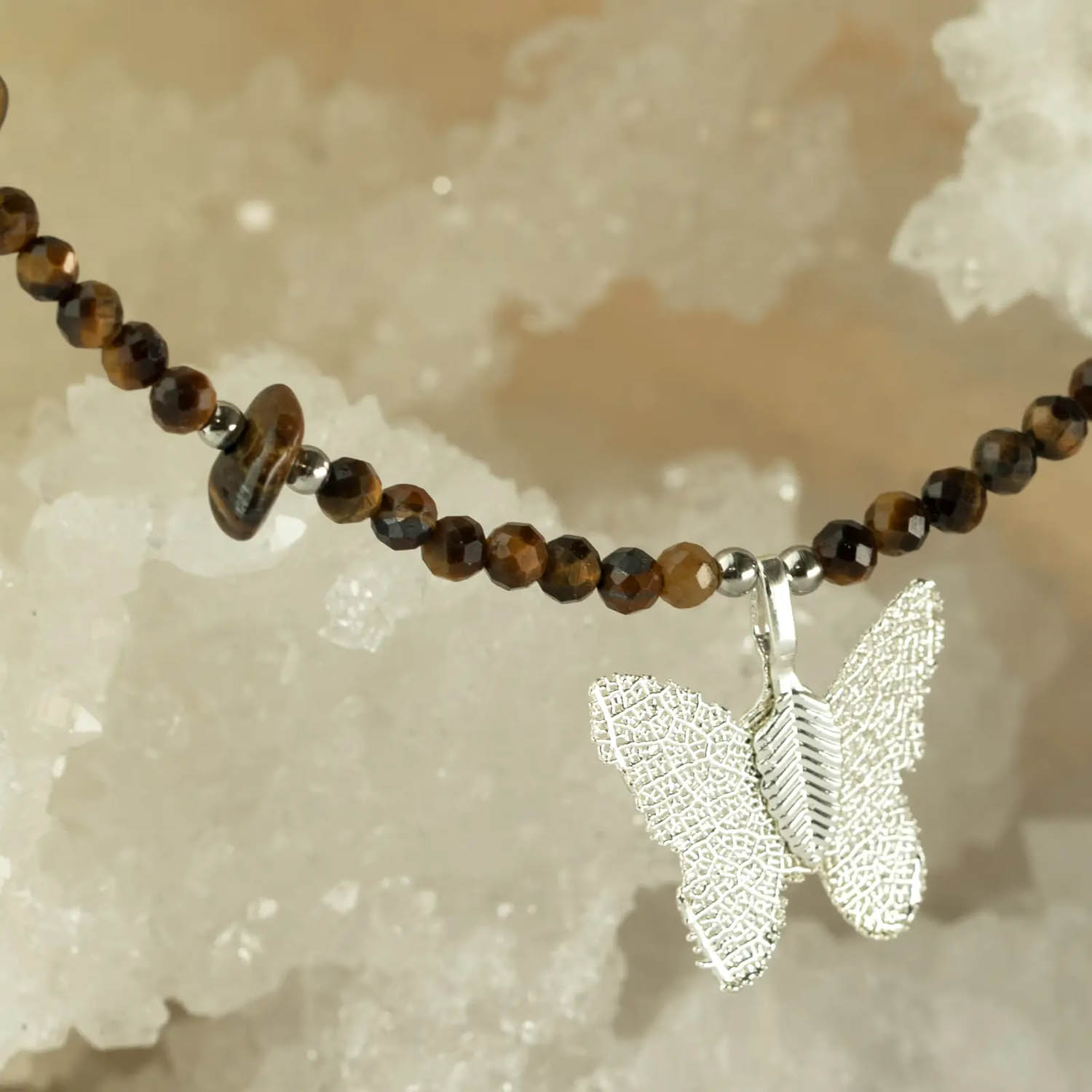 Nymph Tiger's Eye Gemstone Necklace with Real Leaf Butterfly7