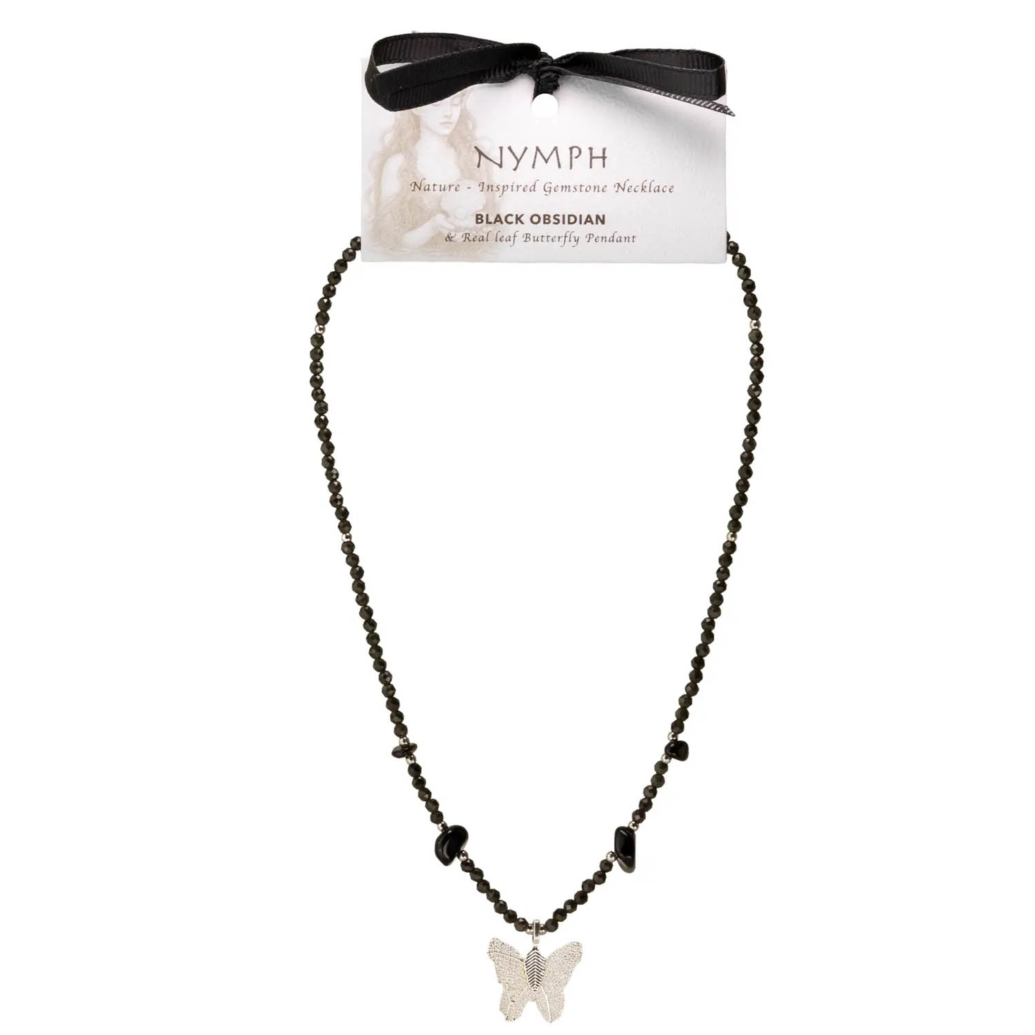 Nymph Black Obsidian Gemstone Necklace with Real Leaf Butterfly