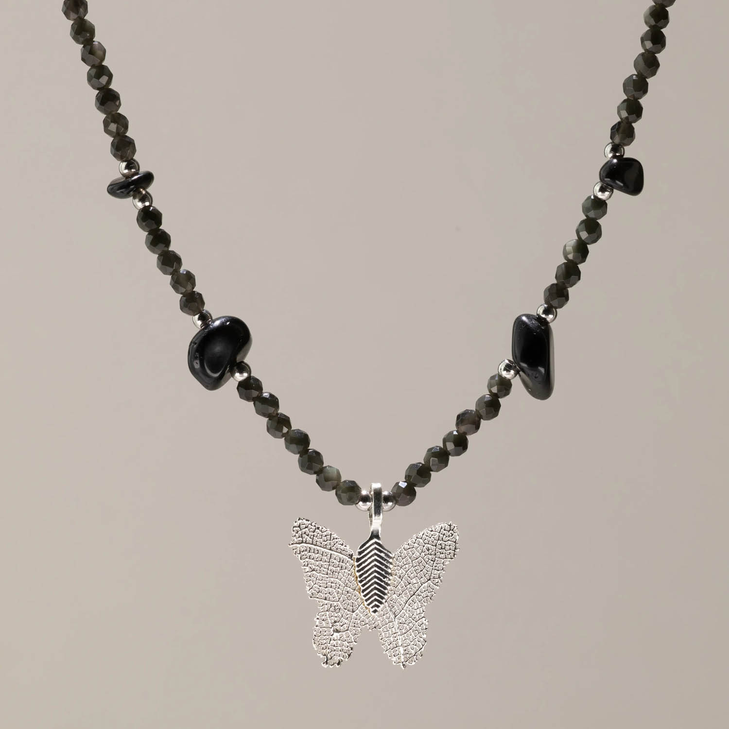 Nymph Black Obsidian Gemstone Necklace with Real Leaf Butterfly1
