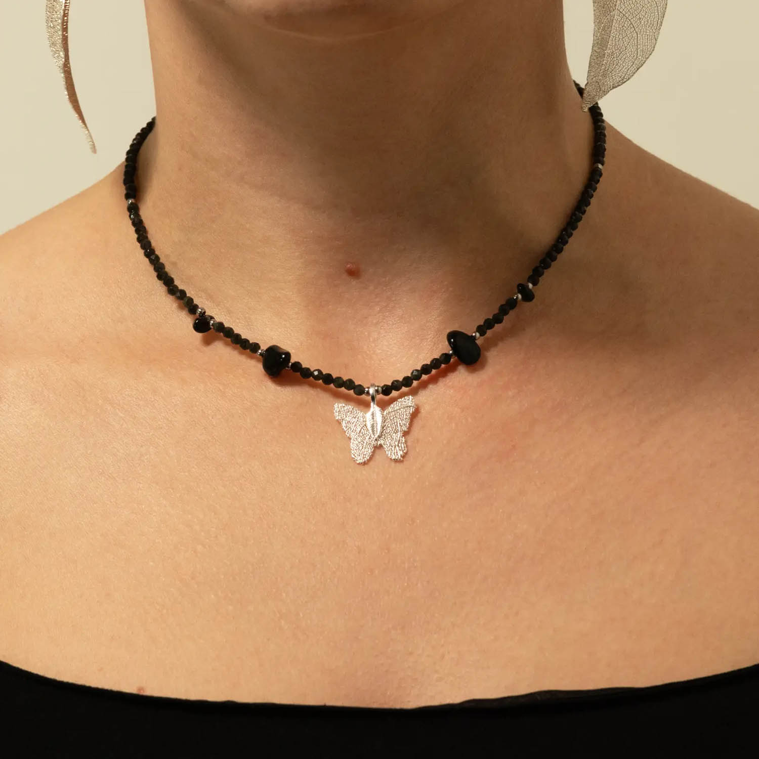 Nymph Black Obsidian Gemstone Necklace with Real Leaf Butterfly2