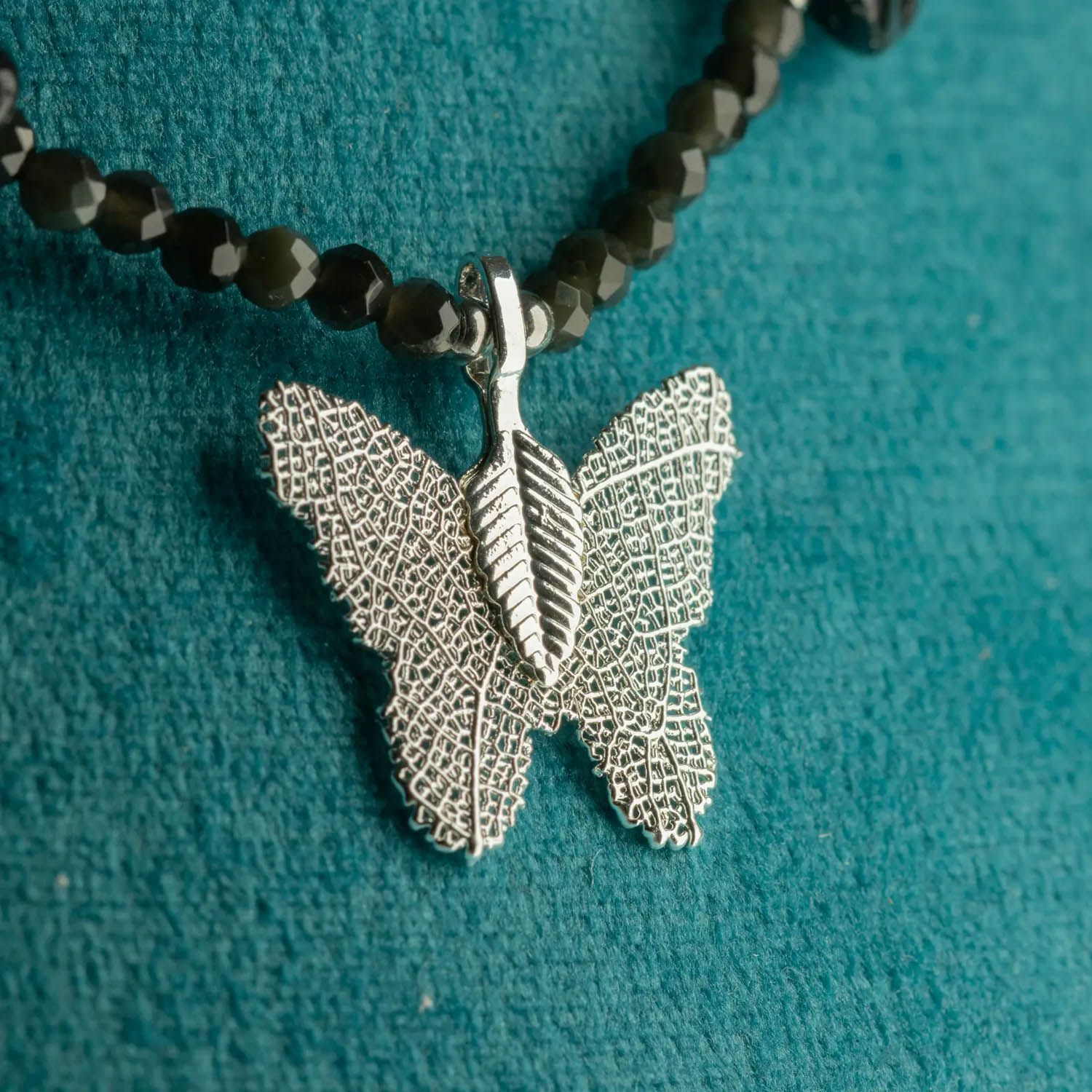 Nymph Black Obsidian Gemstone Necklace with Real Leaf Butterfly3