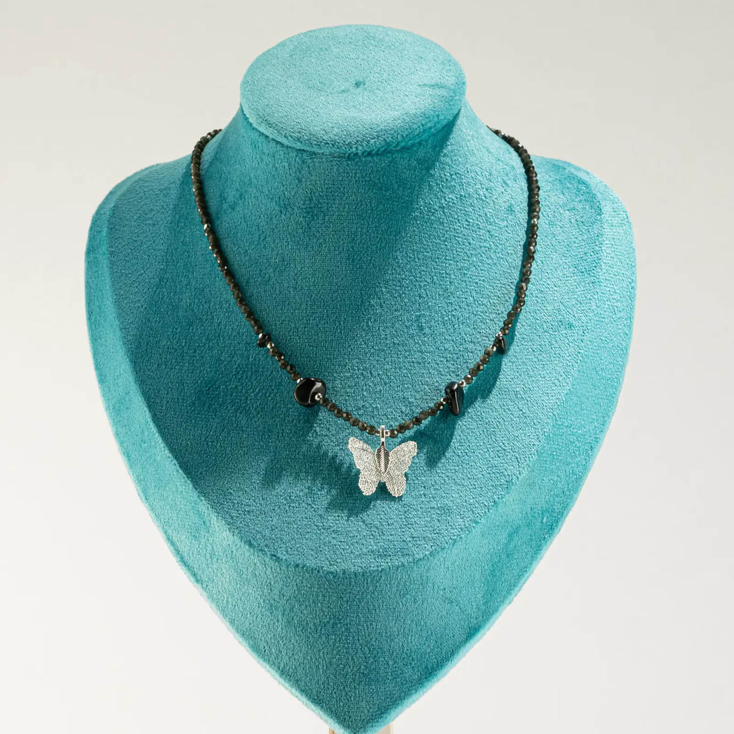 Nymph Black Obsidian Gemstone Necklace with Real Leaf Butterfly4