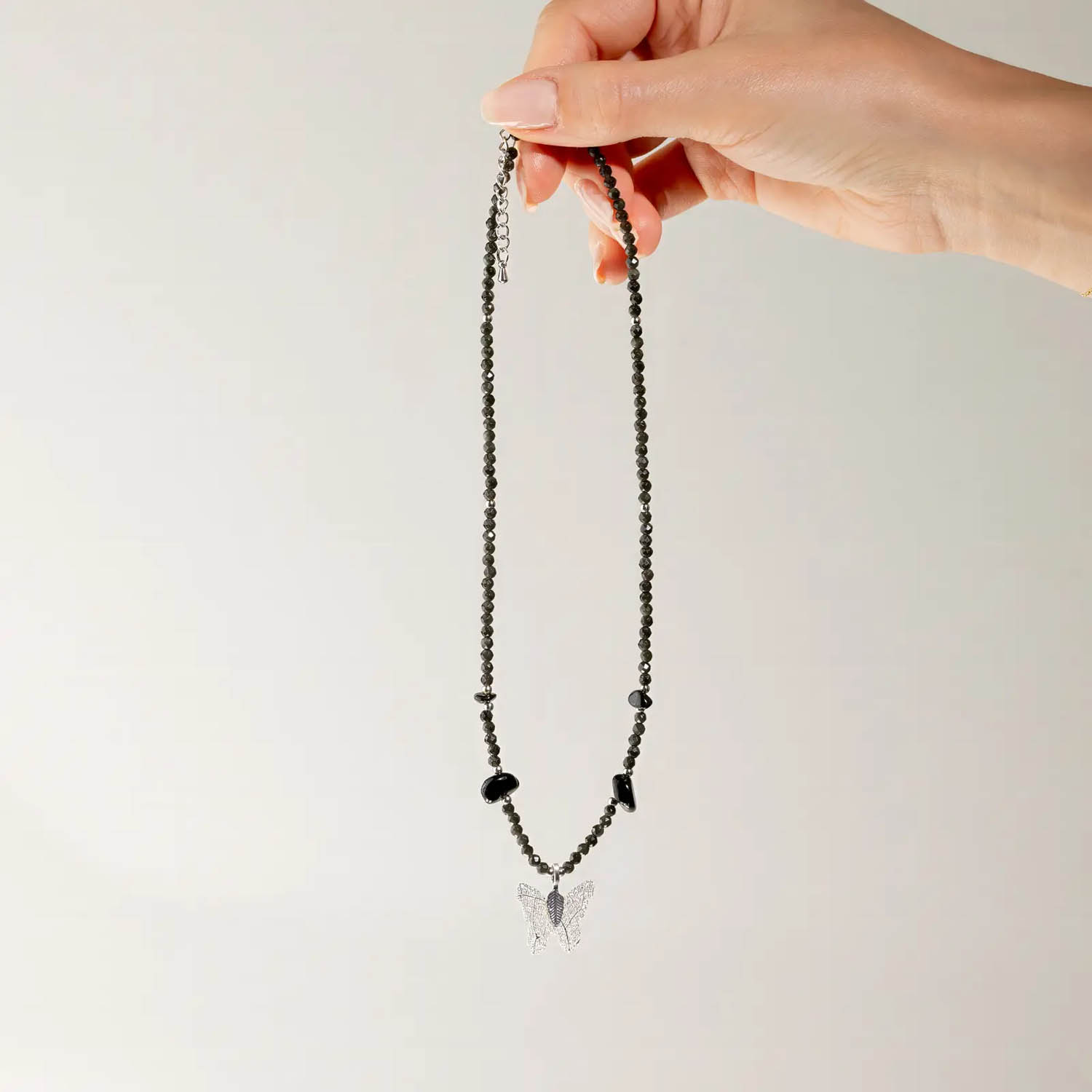 Nymph Black Obsidian Gemstone Necklace with Real Leaf Butterfly6