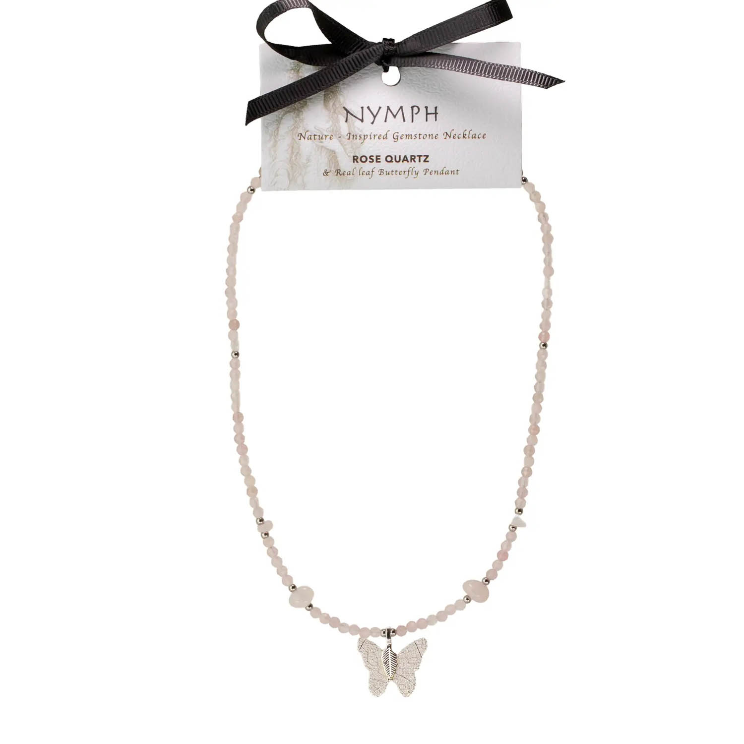 Nymph Rose Quartz Gemstone Necklace with Real Leaf Butterfly