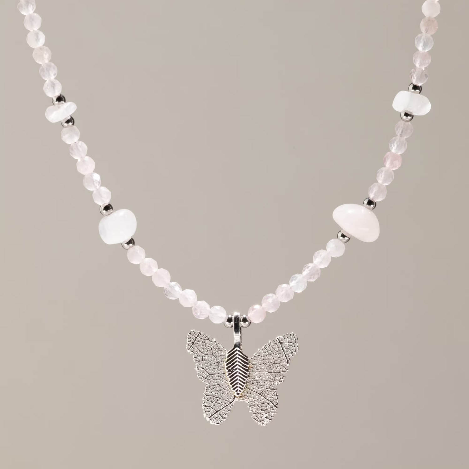 Nymph Rose Quartz Gemstone Necklace with Real Leaf Butterfly1