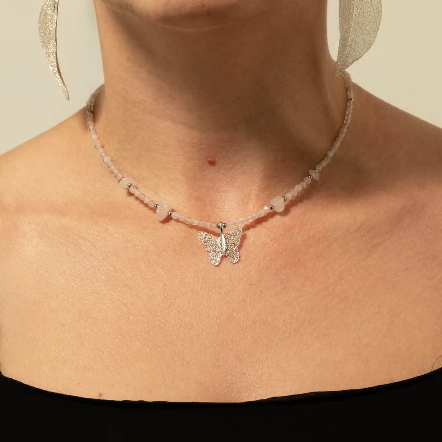 Nymph Rose Quartz Gemstone Necklace with Real Leaf Butterfly2