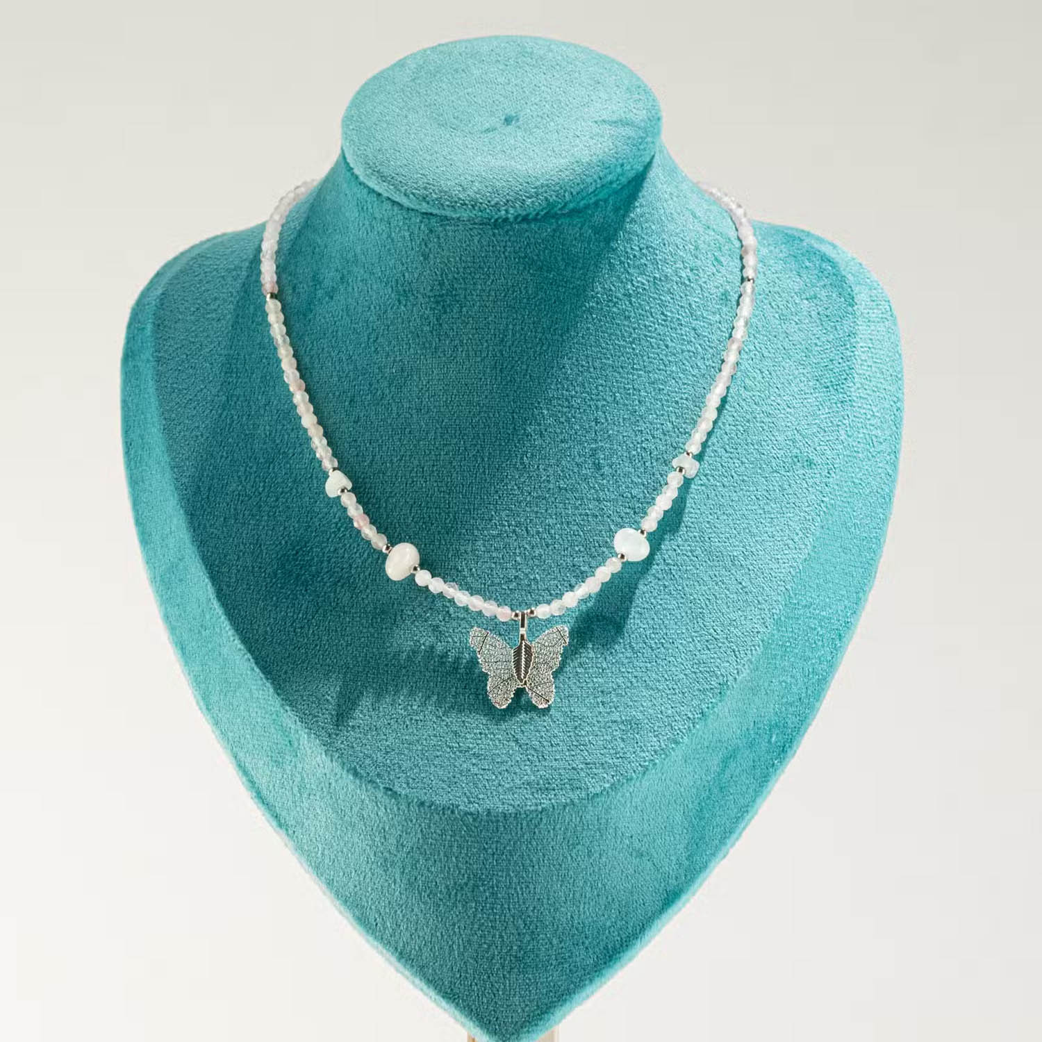 Nymph Rose Quartz Gemstone Necklace with Real Leaf Butterfly4