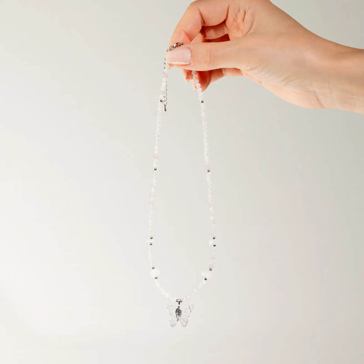 Nymph Rose Quartz Gemstone Necklace with Real Leaf Butterfly6