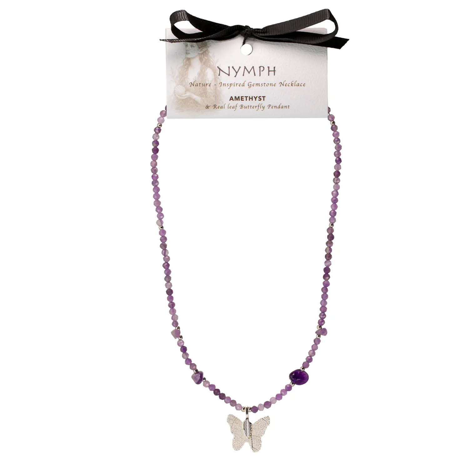 Nymph Amethyst Gemstone Necklace with Real Leaf Butterfly