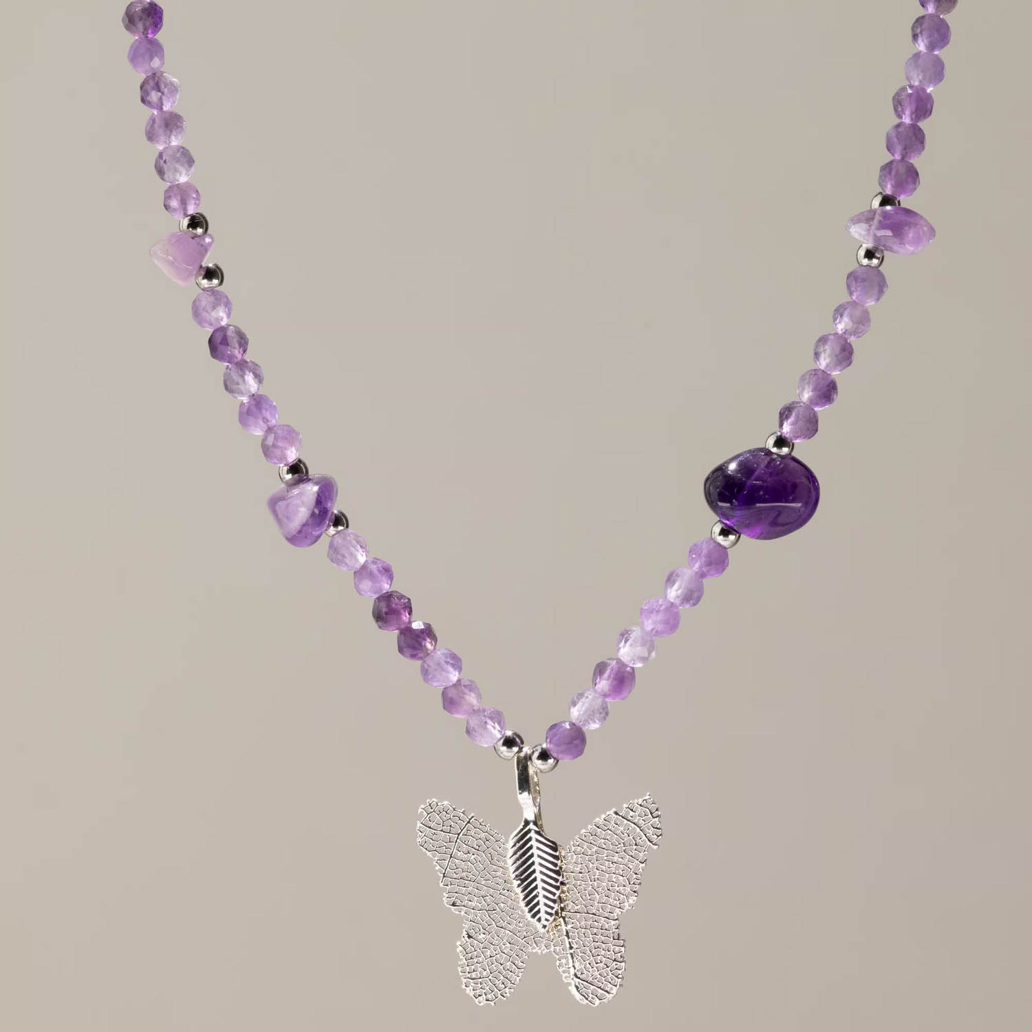 Nymph Amethyst Gemstone Necklace with Real Leaf Butterfly1