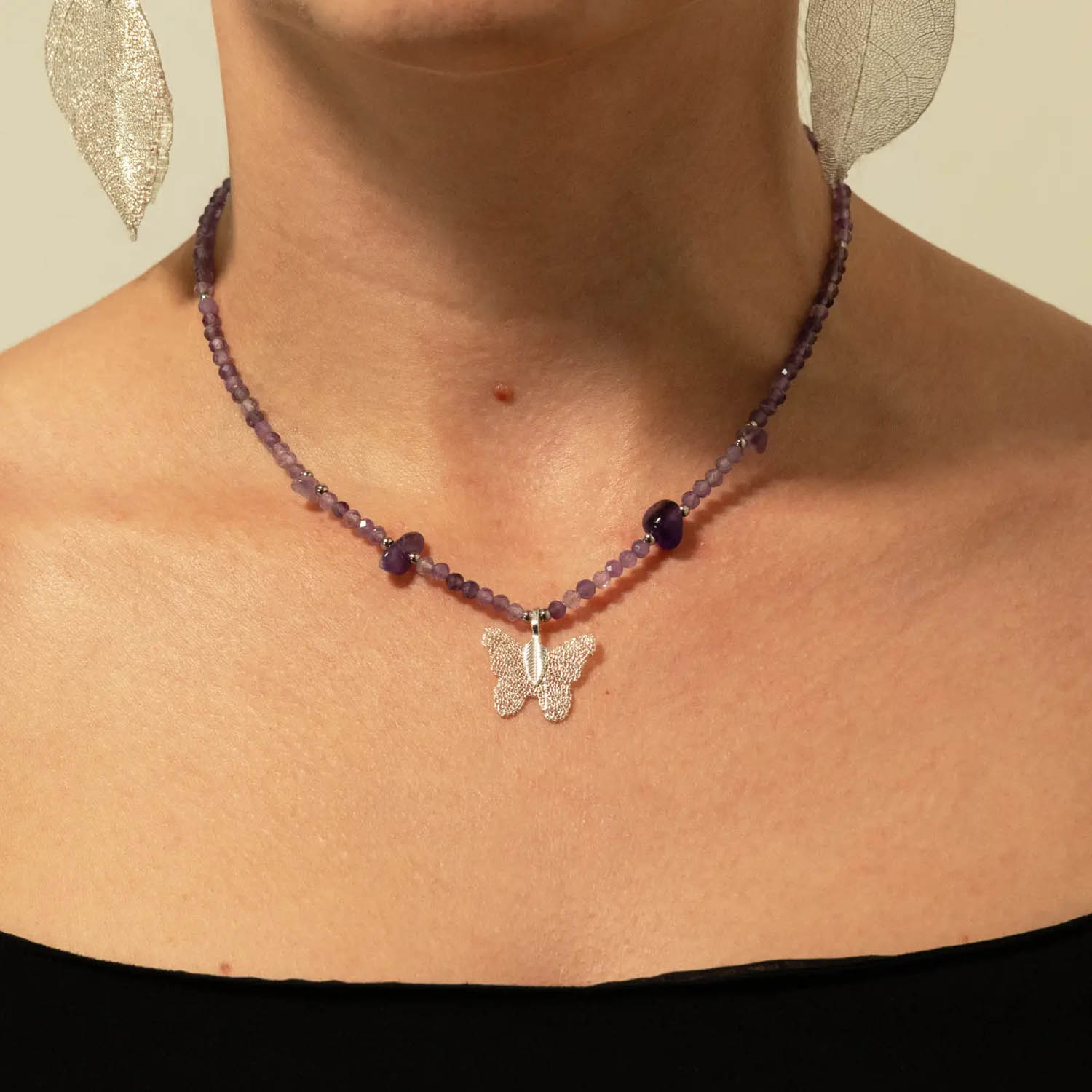 Nymph Amethyst Gemstone Necklace with Real Leaf Butterfly2