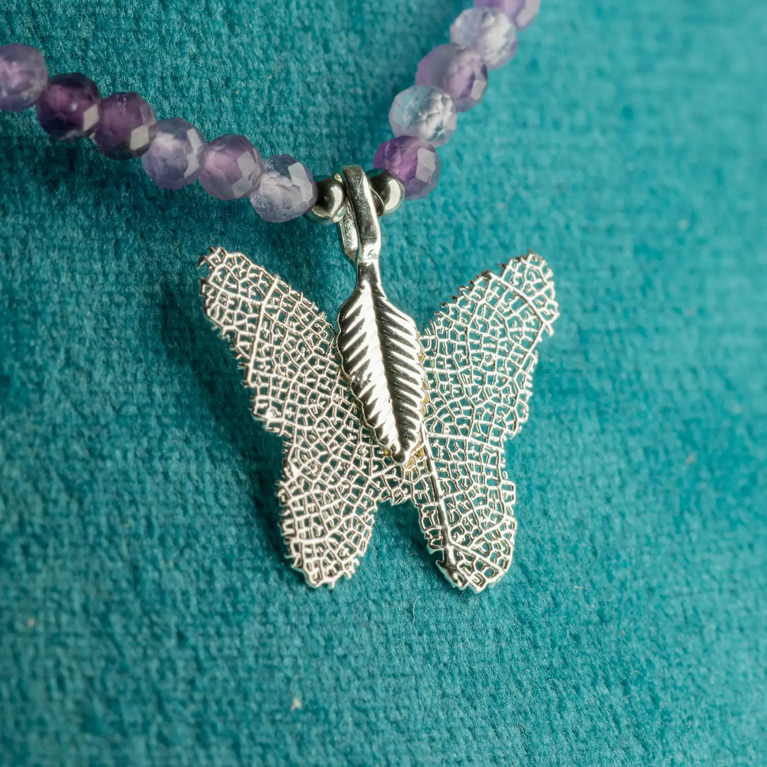 Nymph Amethyst Gemstone Necklace with Real Leaf Butterfly3