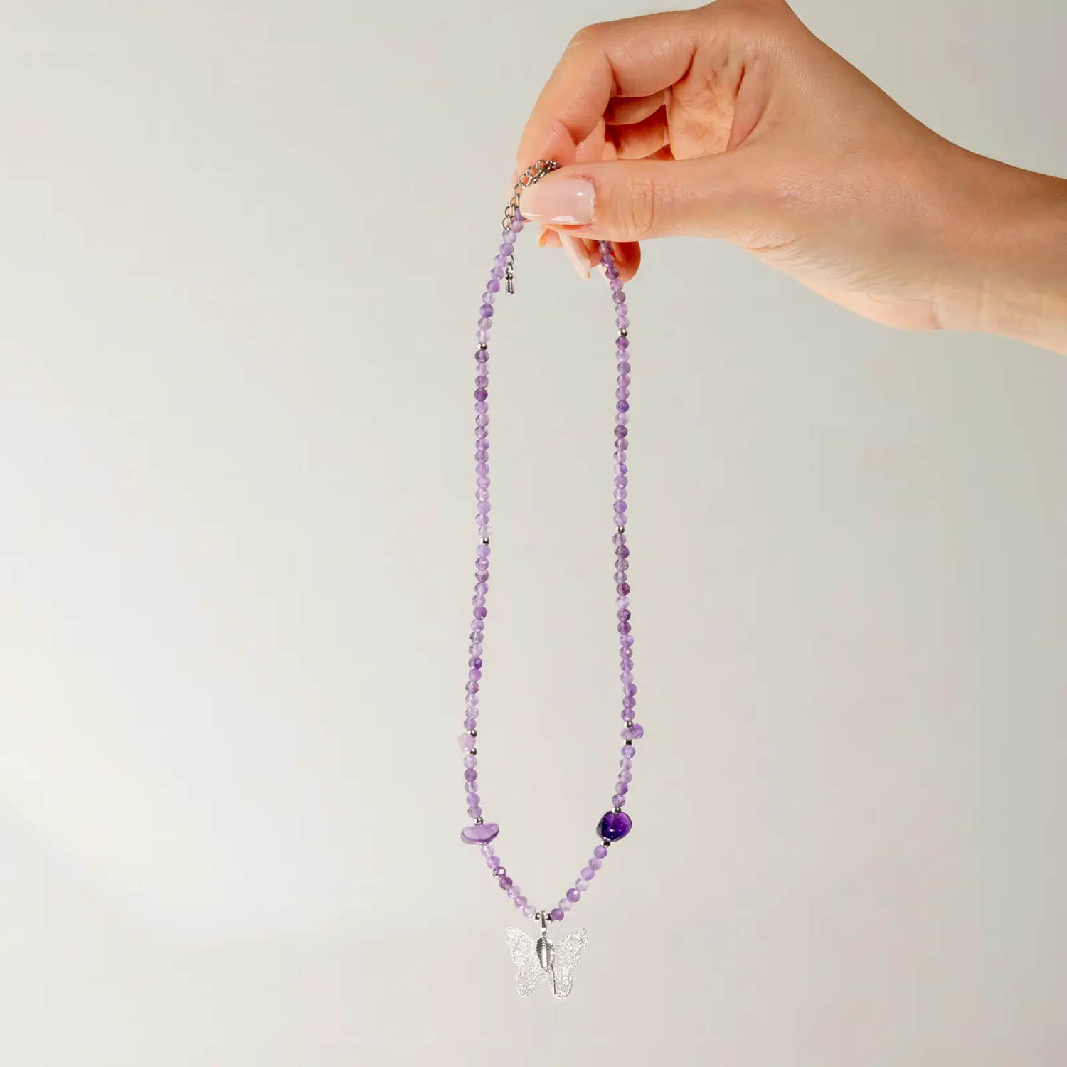 Nymph Amethyst Gemstone Necklace with Real Leaf Butterfly6