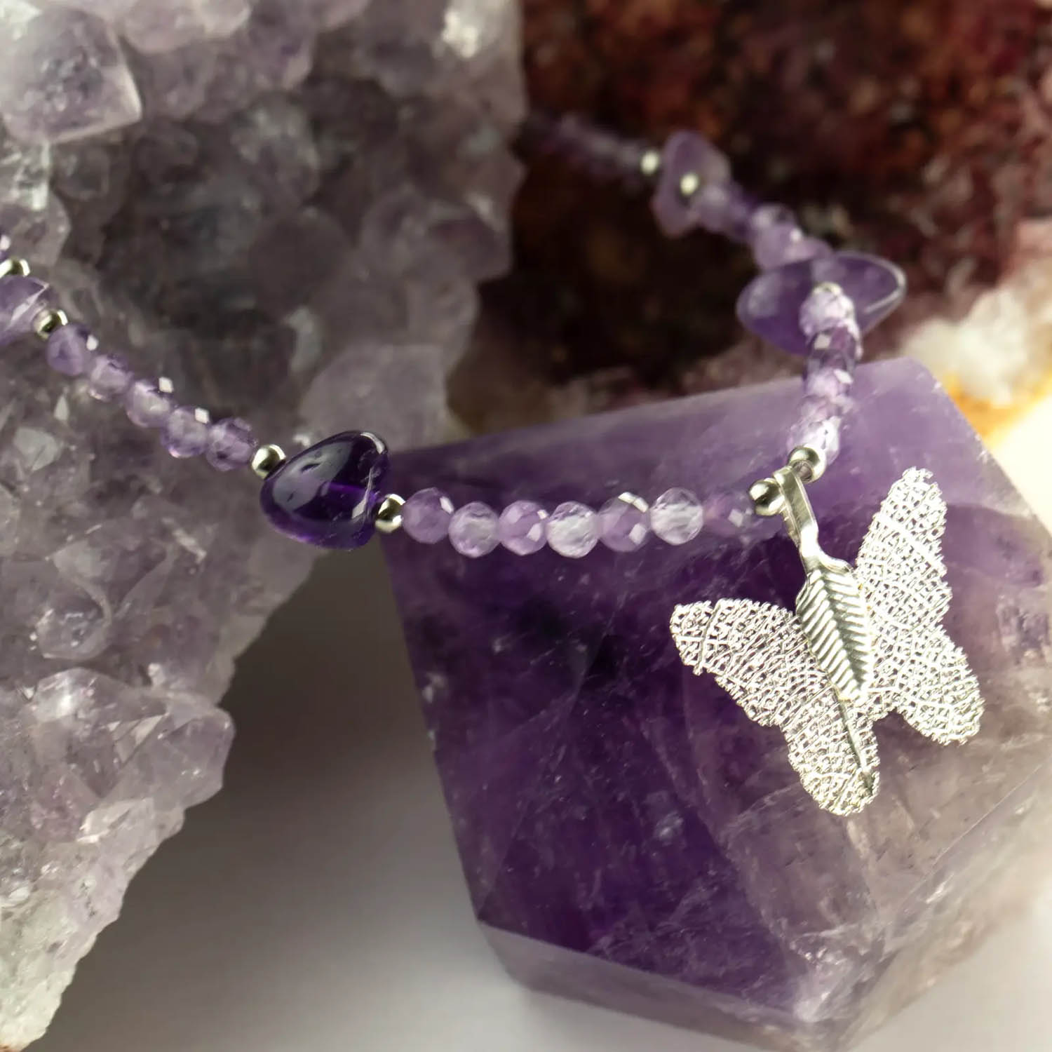Nymph Amethyst Gemstone Necklace with Real Leaf Butterfly7