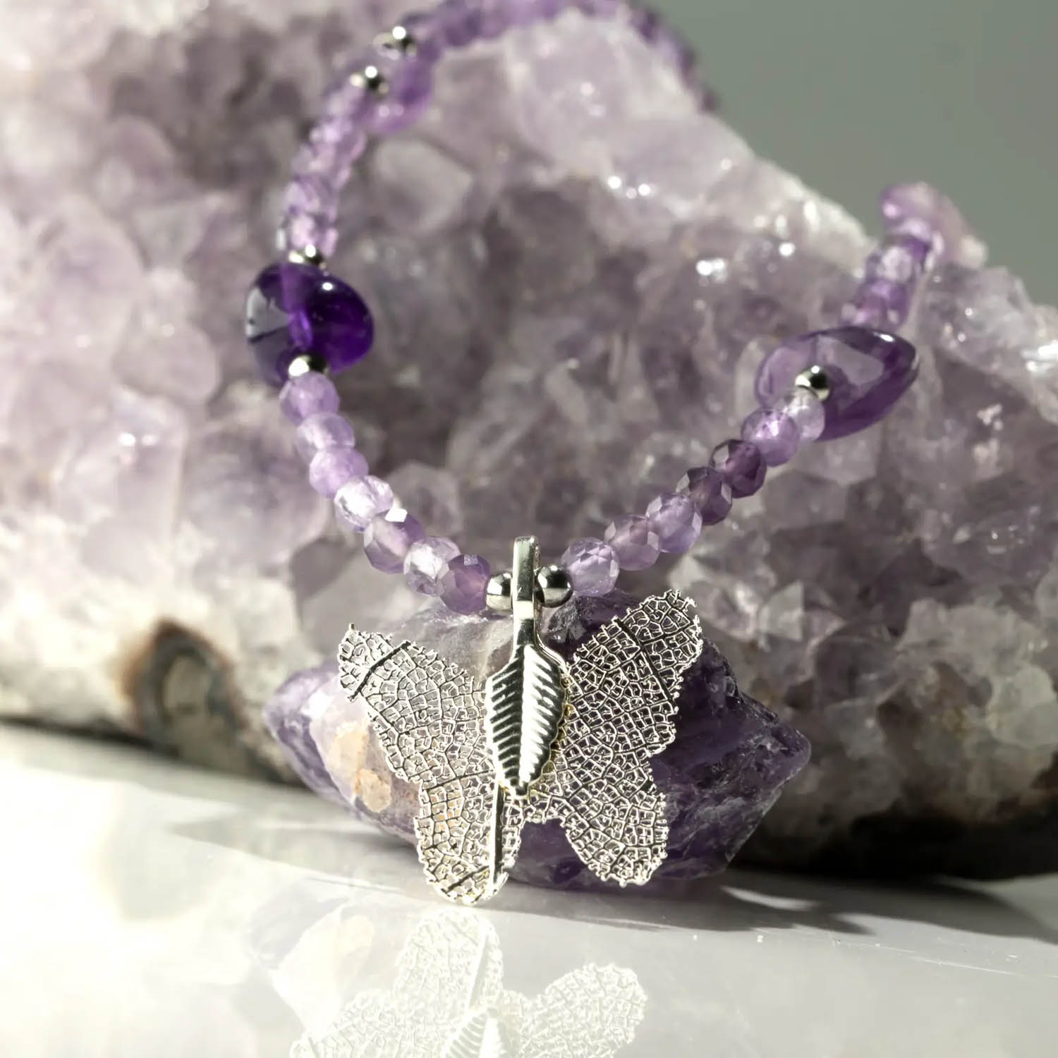Nymph Amethyst Gemstone Necklace with Real Leaf Butterfly8