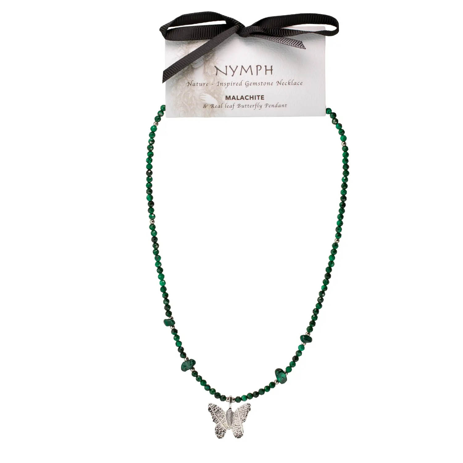 Nymph Malachite Gemstone Necklace with Real Leaf Butterfly