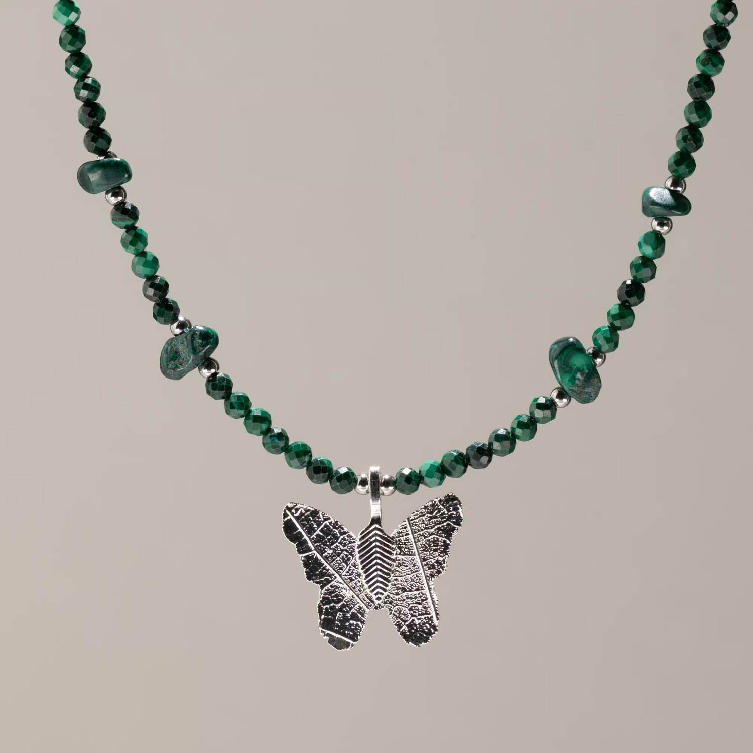 Nymph Malachite Gemstone Necklace with Real Leaf Butterfly1