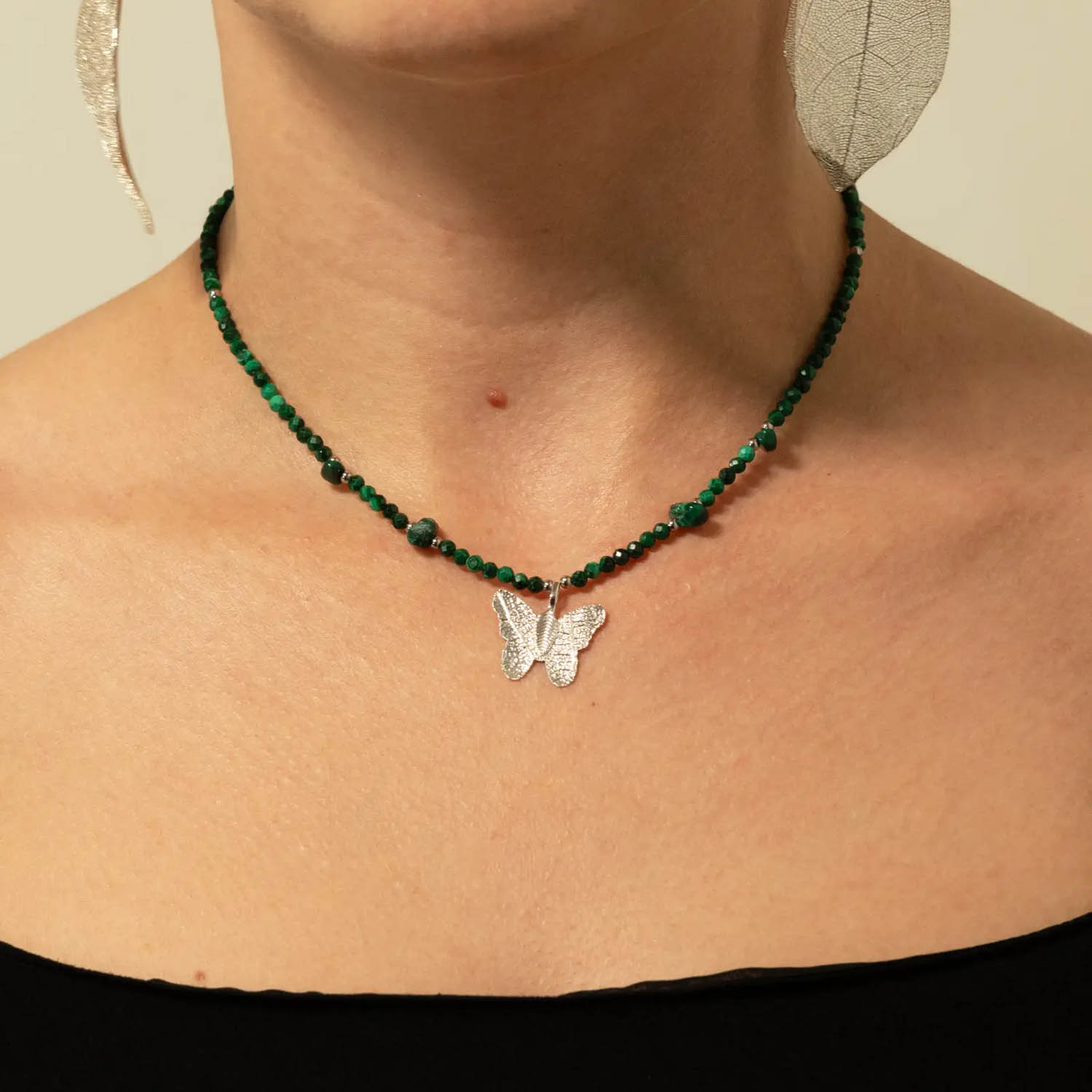 Nymph Malachite Gemstone Necklace with Real Leaf Butterfly2