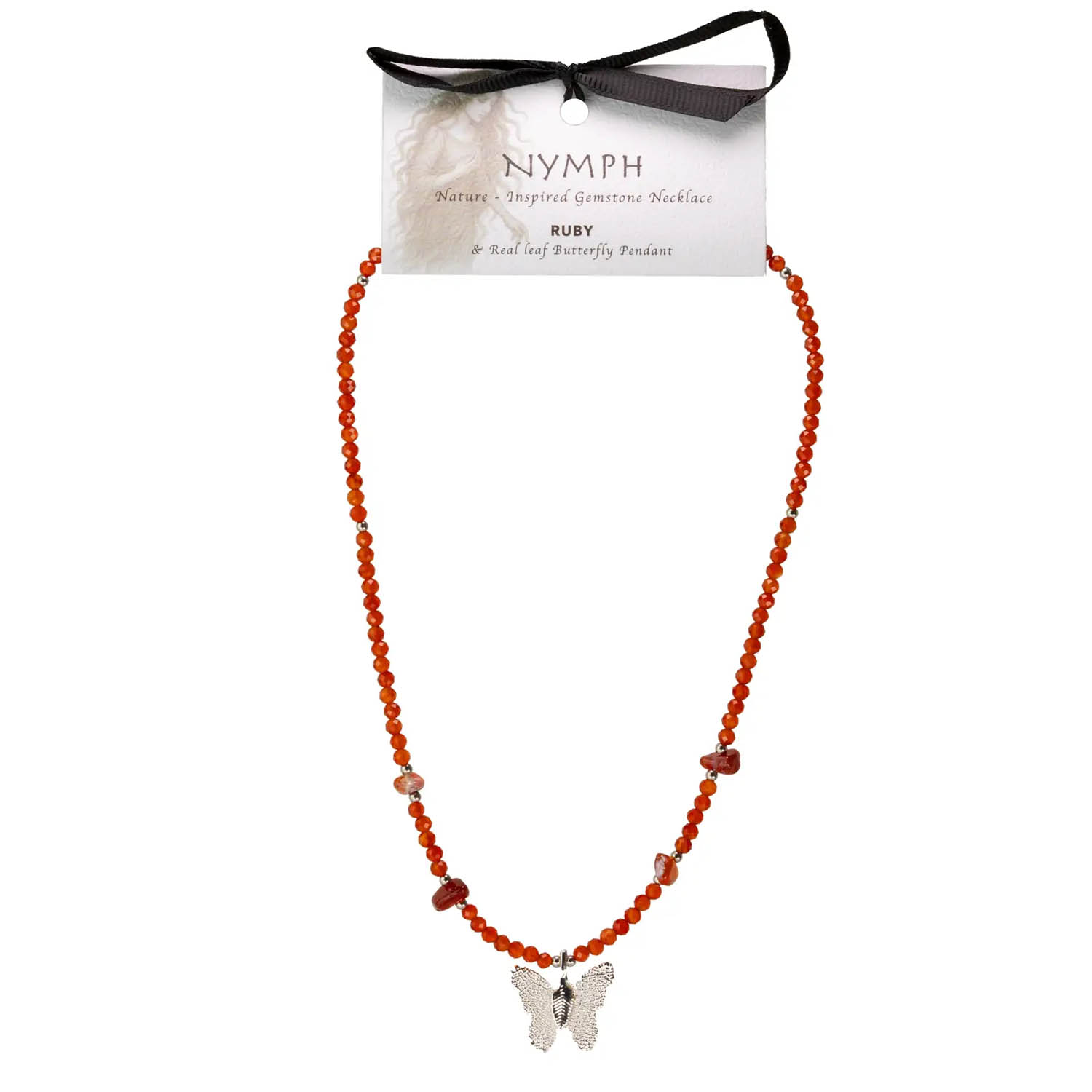 Nymph Ruby Gemstone Necklace with Real Leaf Butterfly