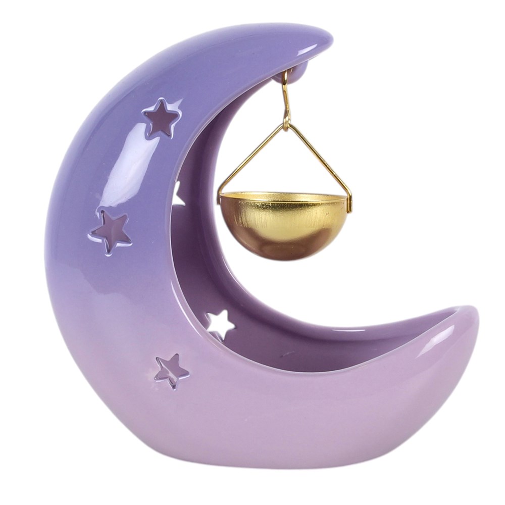 Purple Pastel Skies Crescent Moon Hanging Oil Burner with Gold Dish