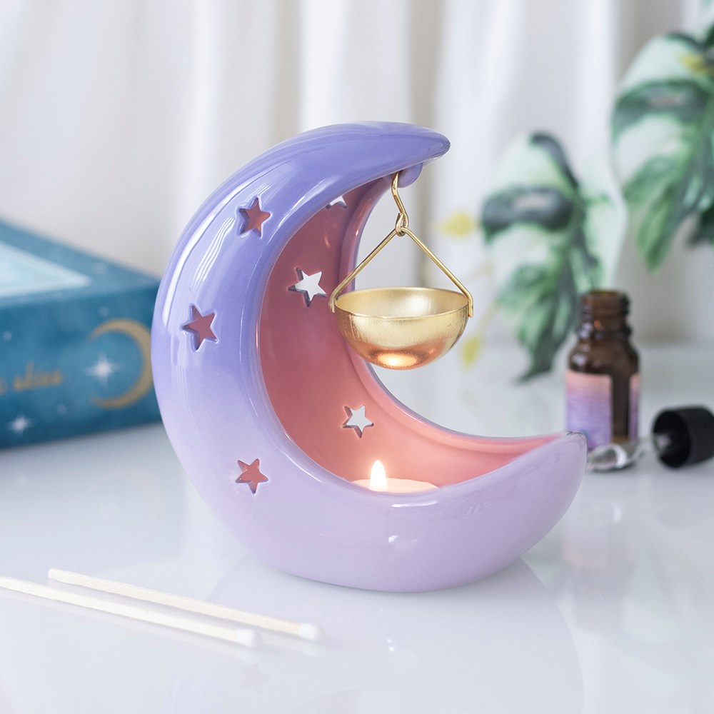 Purple Pastel Skies Crescent Moon Hanging Oil Burner with Gold Dish4
