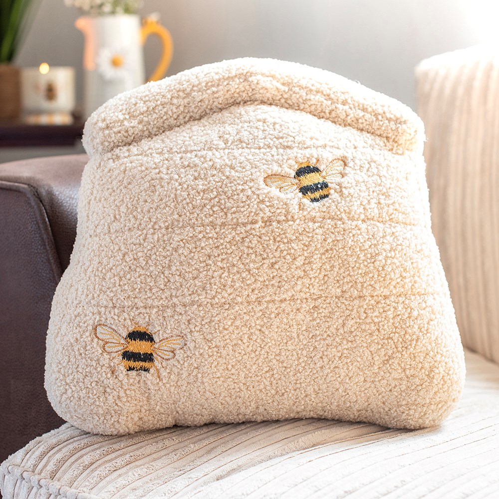 White Beehive Boucle Cushion with Embroidered Bees