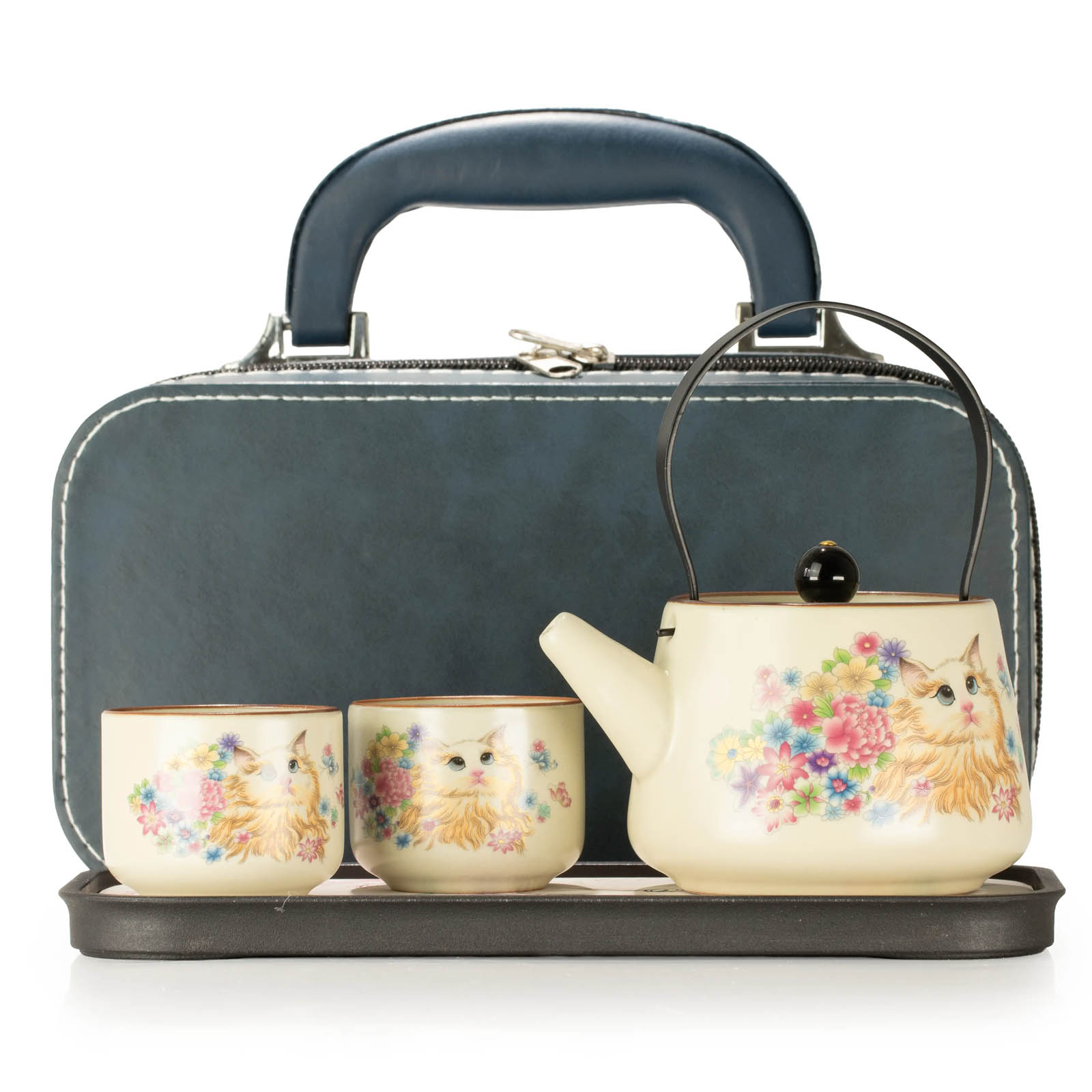 Cat Lover Travel Teapot Set & Two Cups
