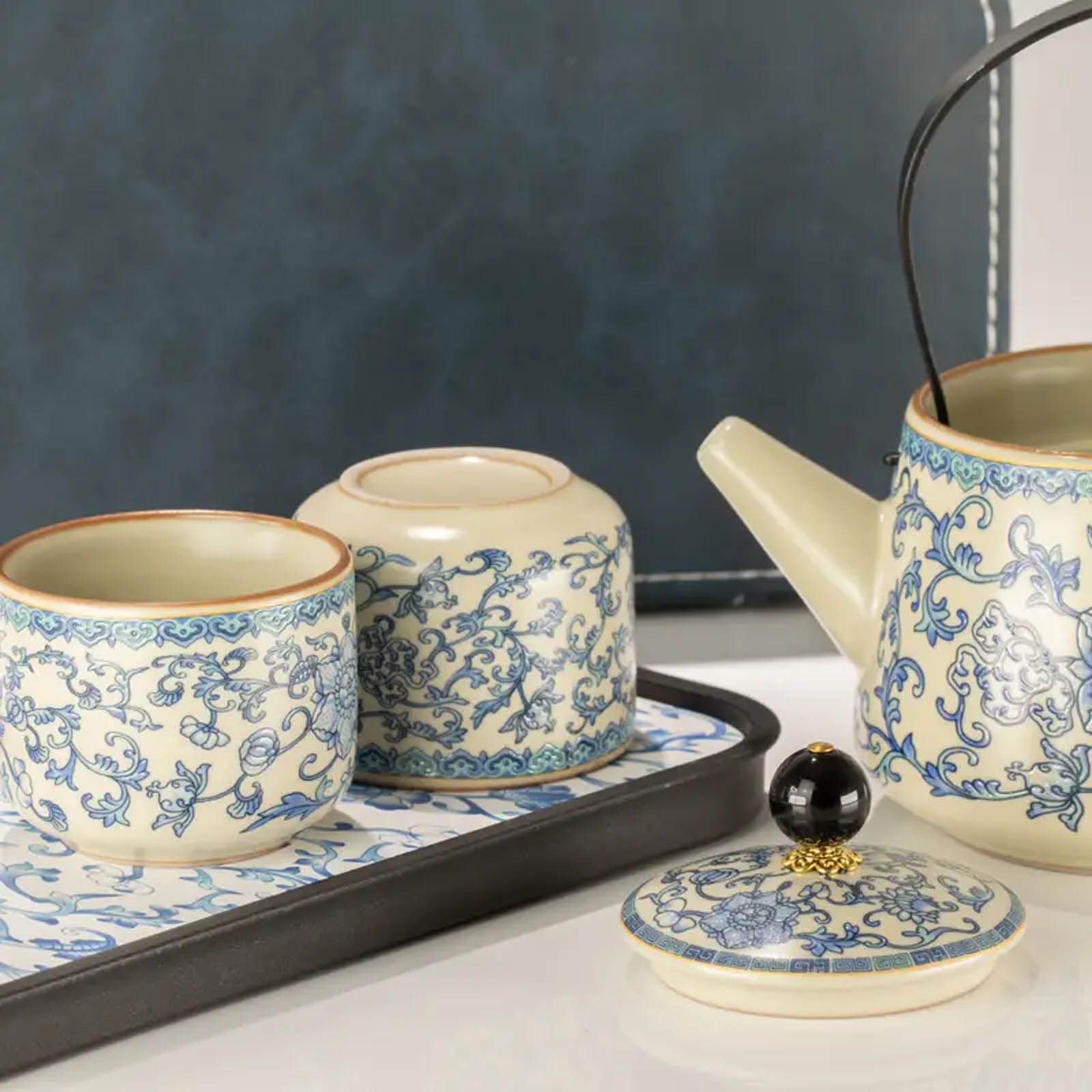 China Ru Blue Travel Teapot Set & Two Cups2