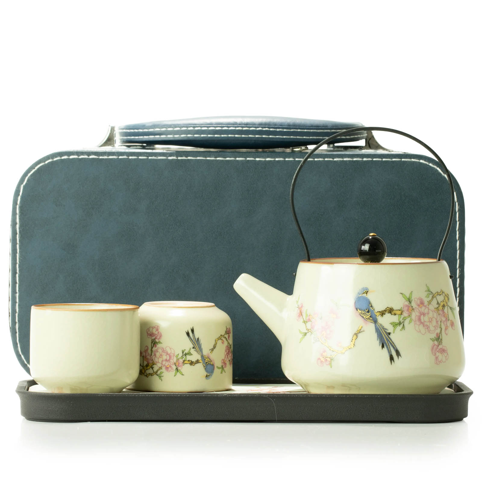 Blue Bird Qing Dynasty Travel Teapot Set & Two Cups