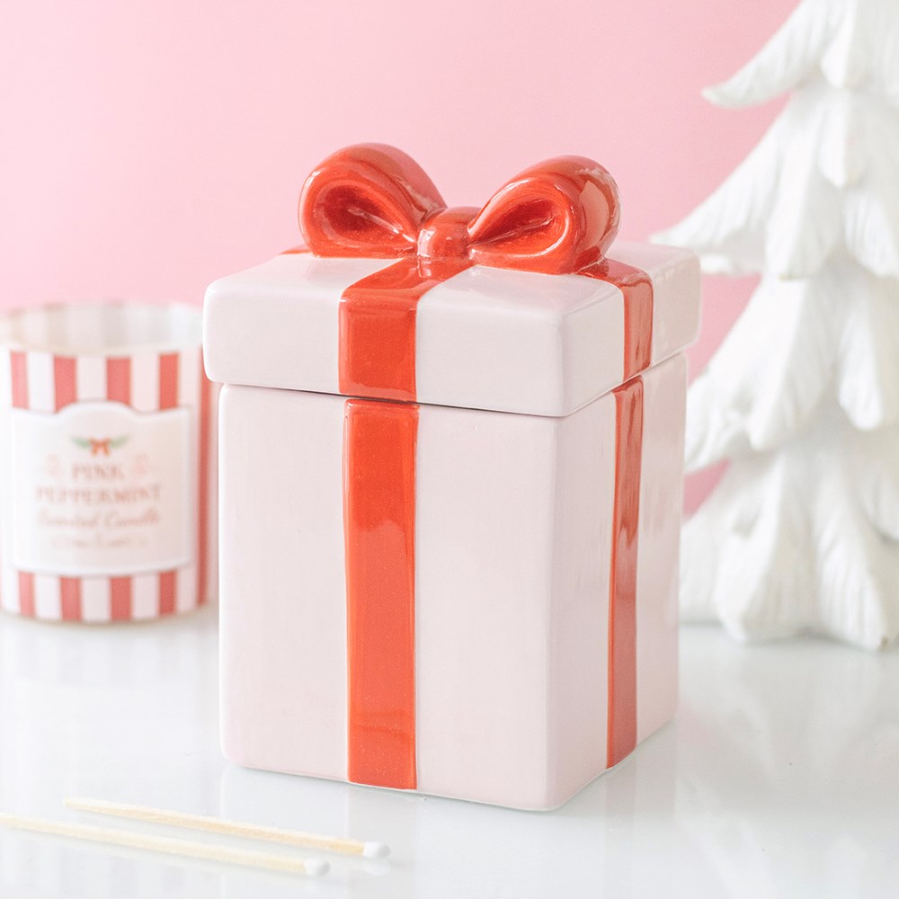Pink Present Ceramic Oil Burner with Red Ribbon5
