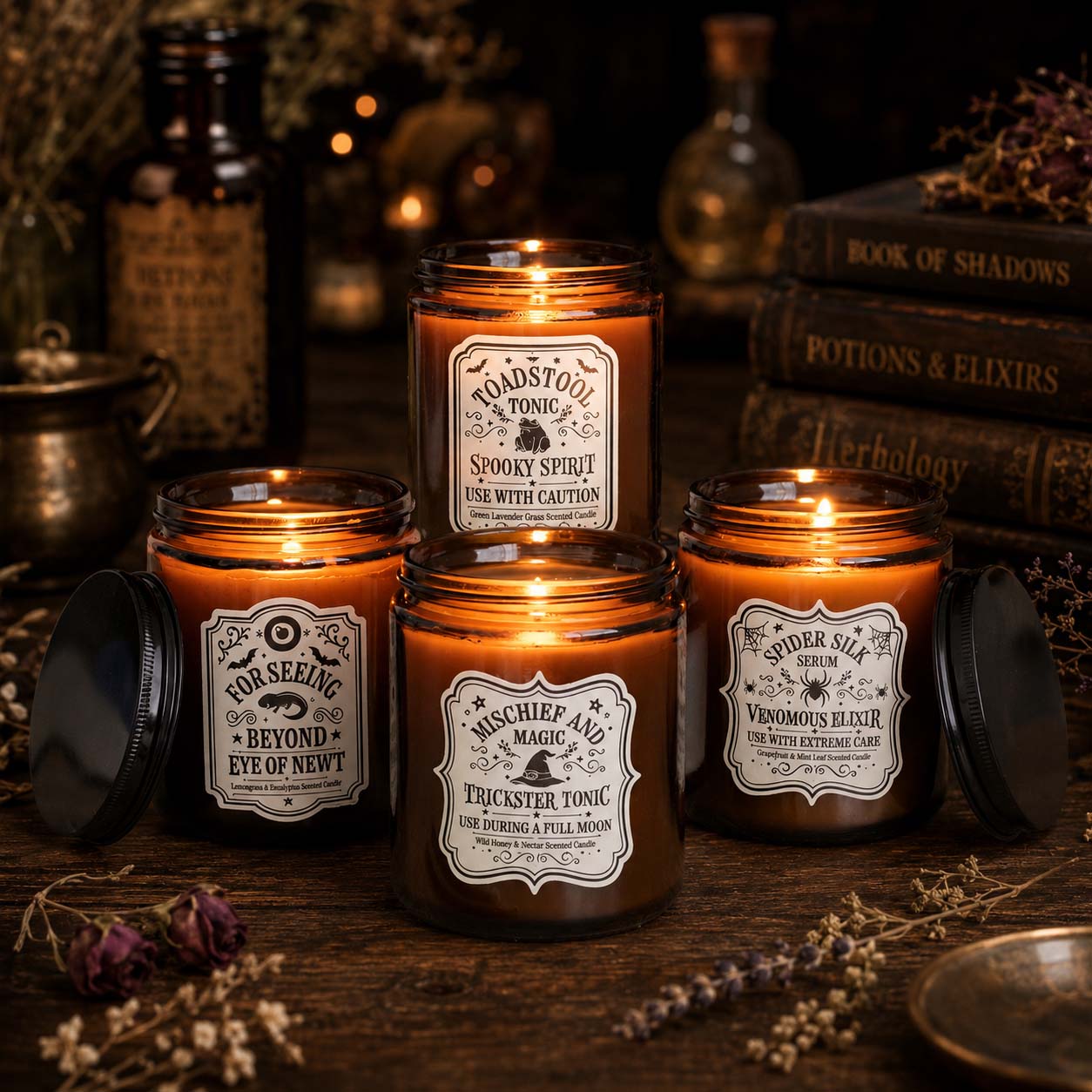 Set of 4 Witch's Apothecary Amber Jar Scented Candles