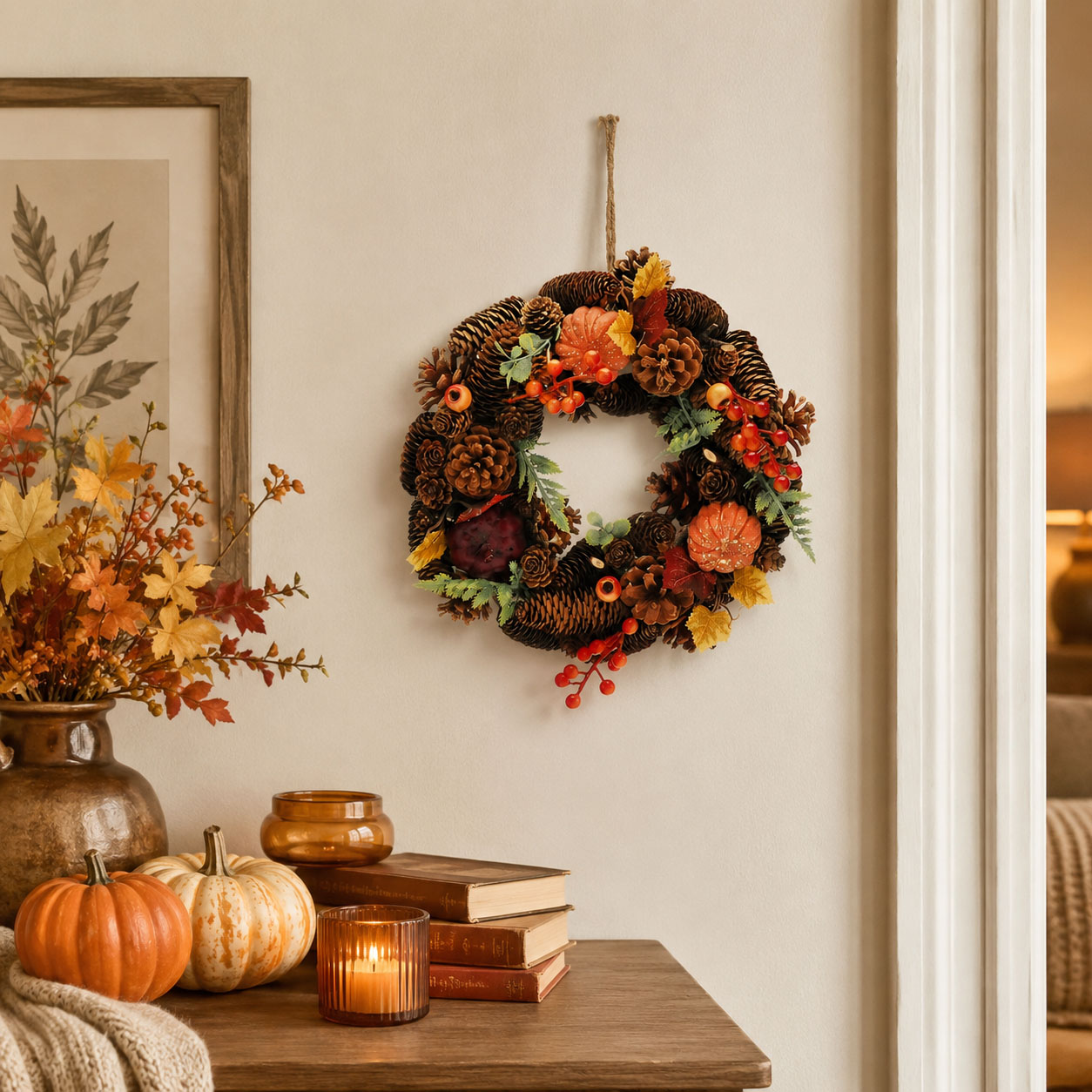 Autumnal Pumpkin & Pinecone Wreath (30cm)1