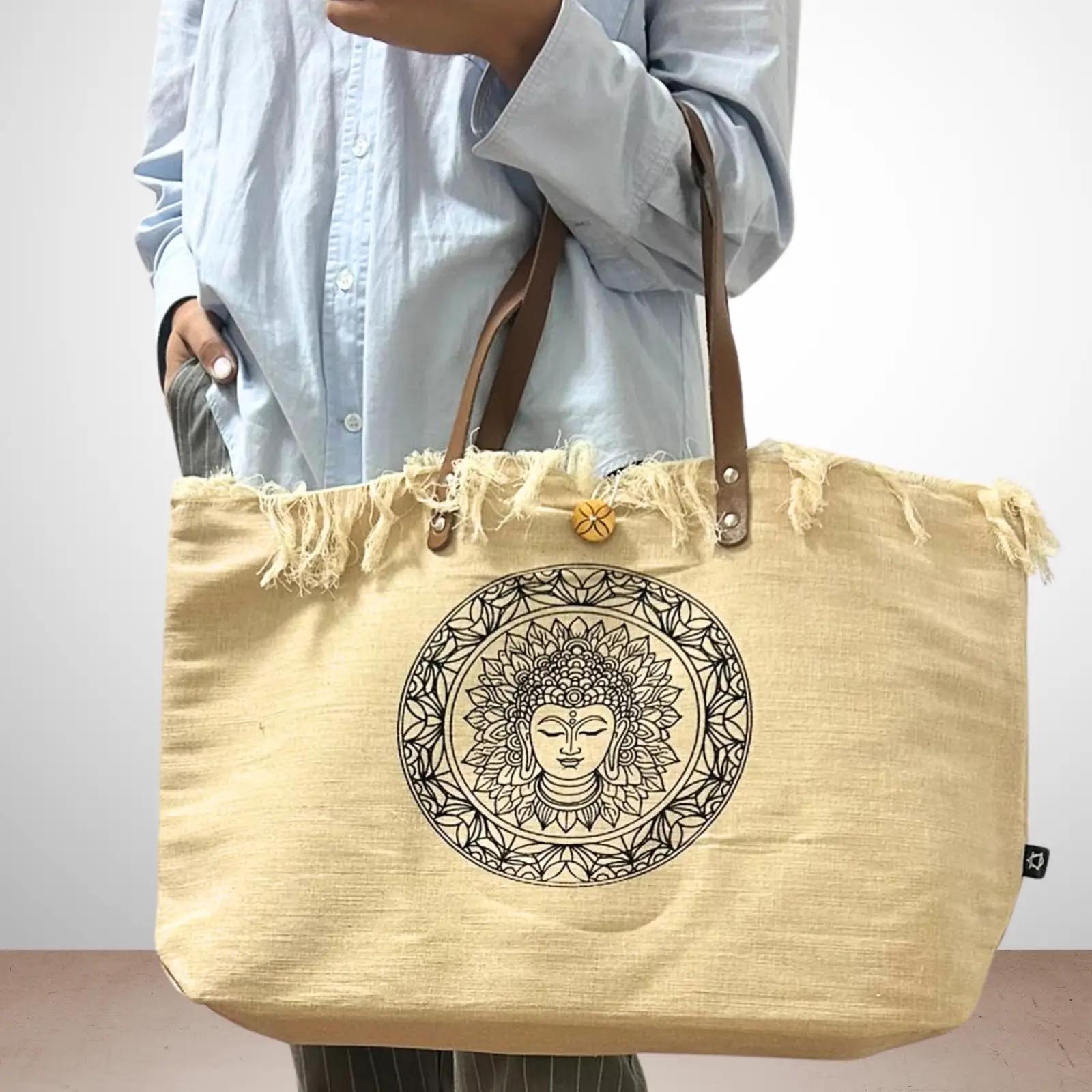 Natural Cotton Canvas Tote Bag with Leather Handles - Buddha1