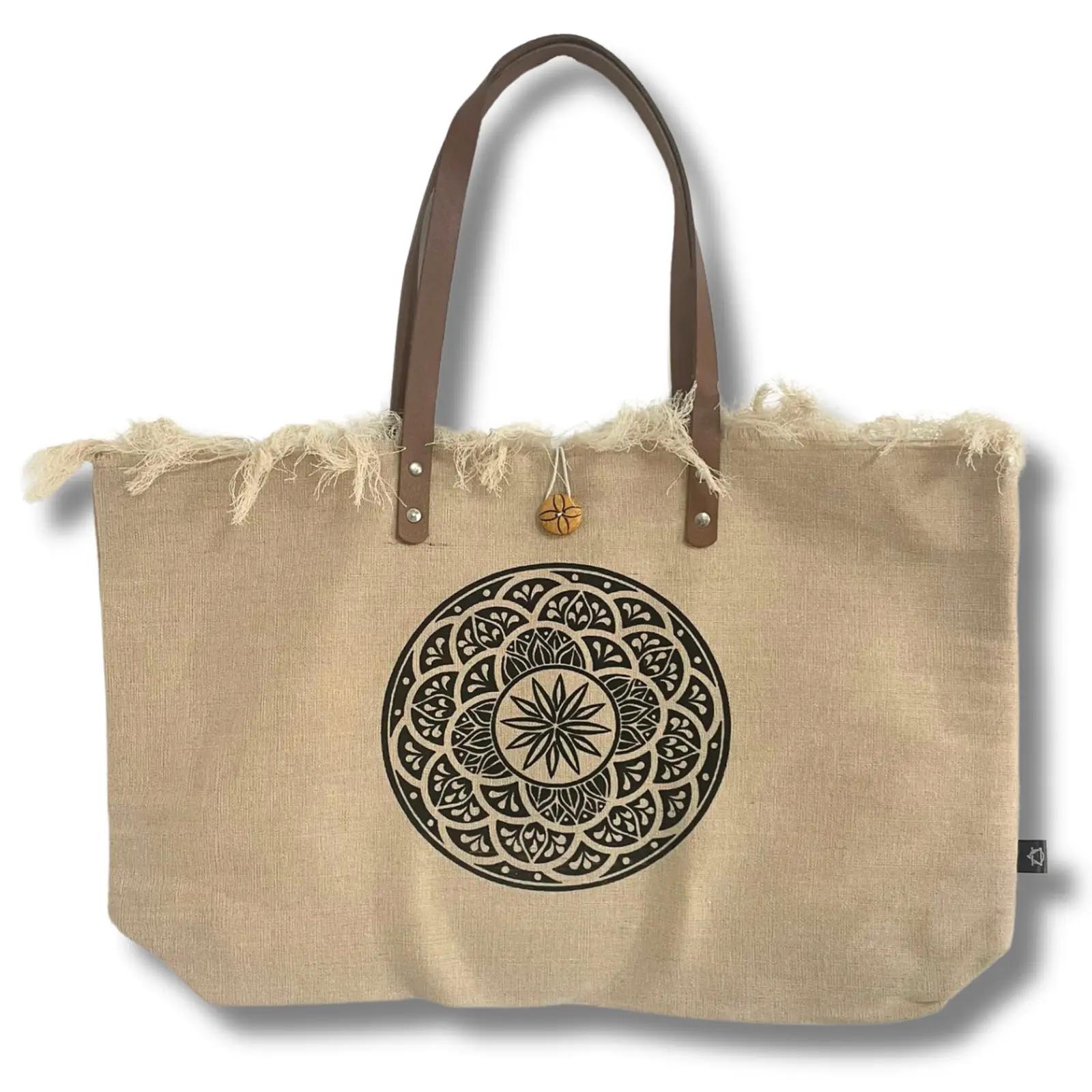 Natural Cotton Canvas Tote Bag with Leather Handles - Mandala