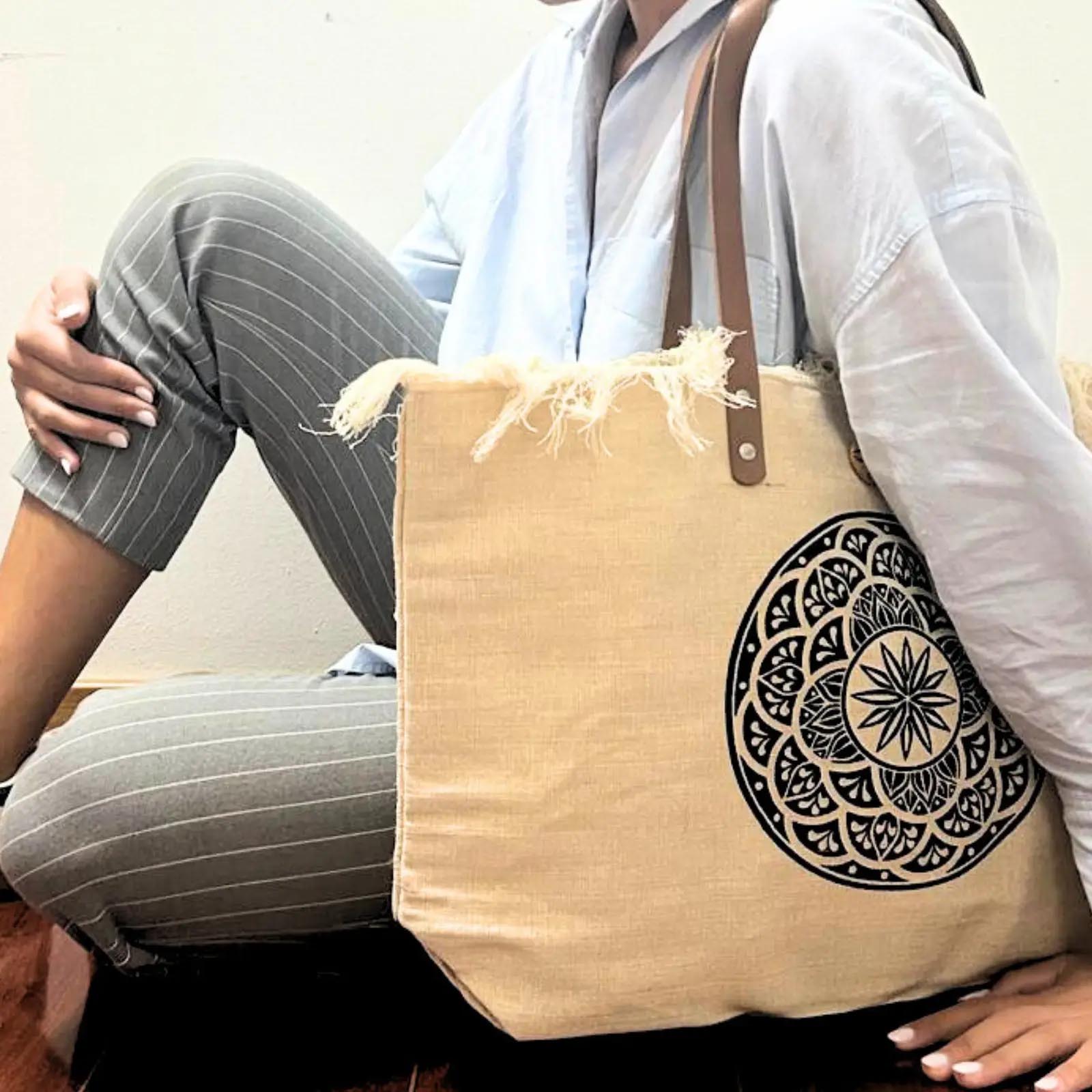Natural Cotton Canvas Tote Bag with Leather Handles - Mandala1