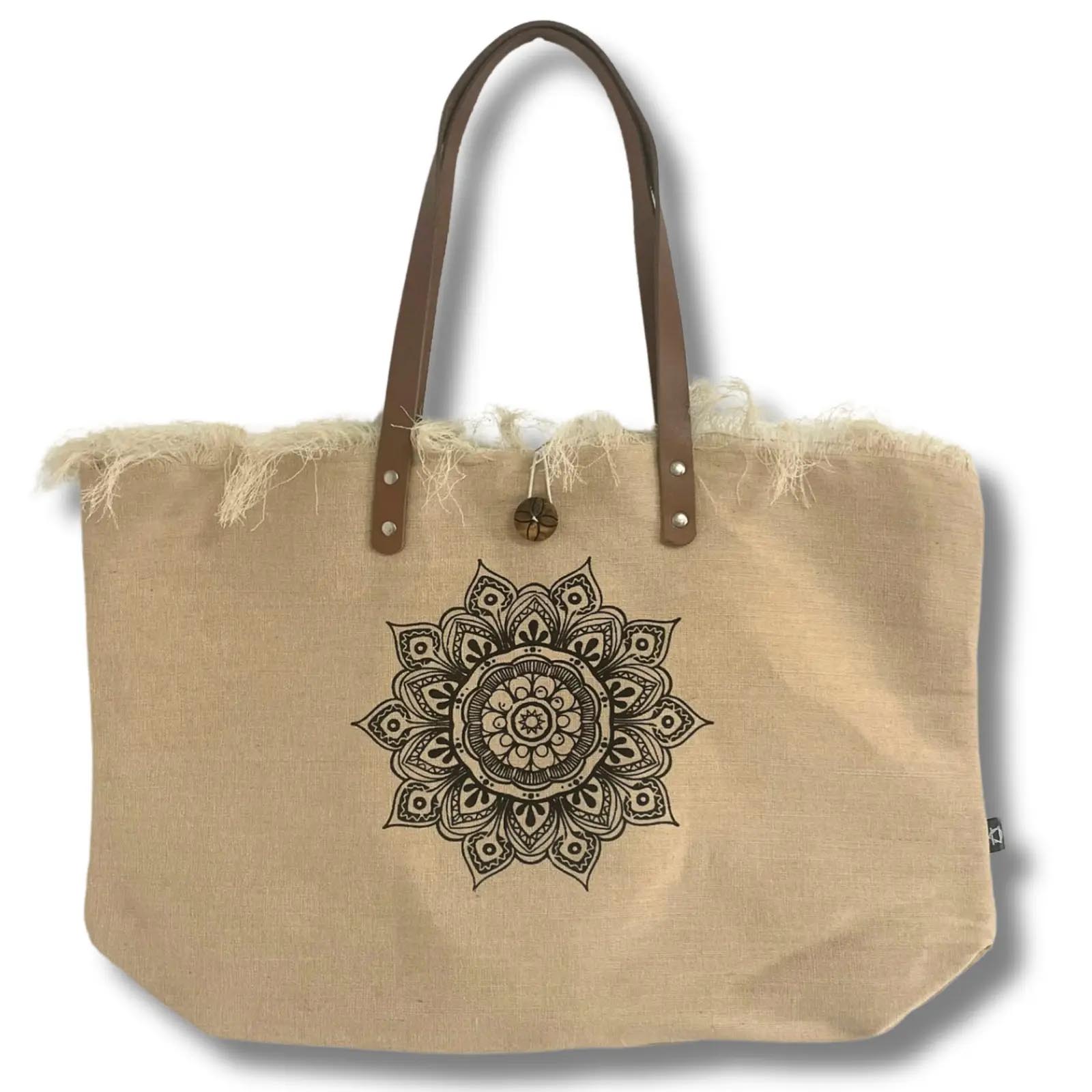 Natural Cotton Canvas Tote Bag with Leather Handles - Flower of Life