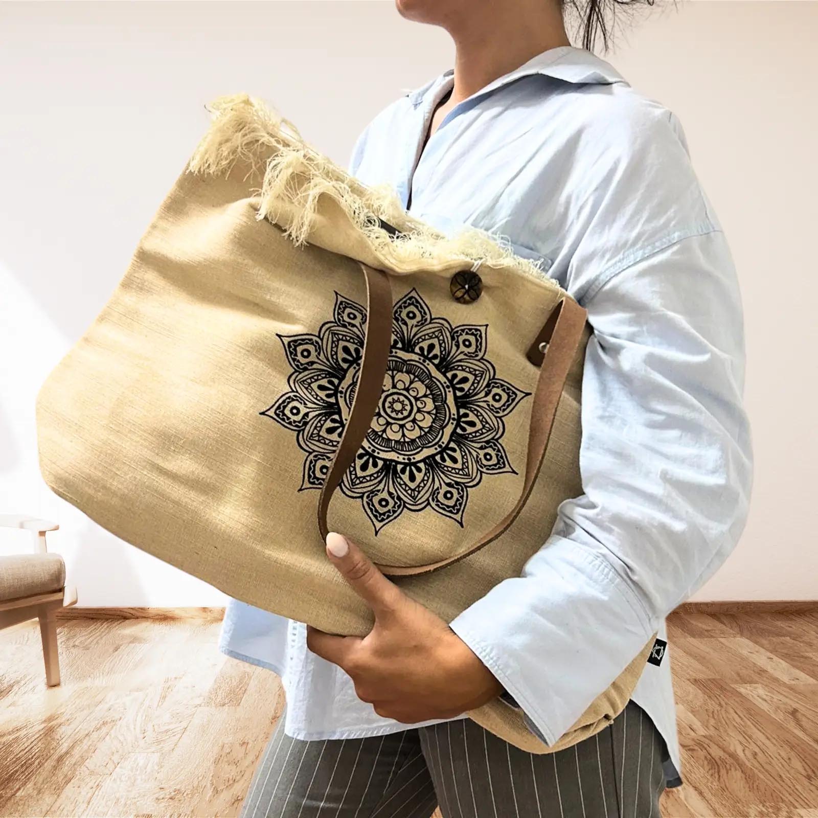 Natural Cotton Canvas Tote Bag with Leather Handles - Flower of Life1
