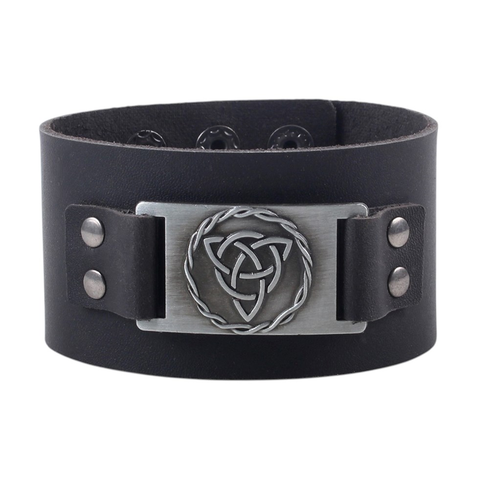 Black Real Leather Celtic Shield Knot Cuff Bracelet