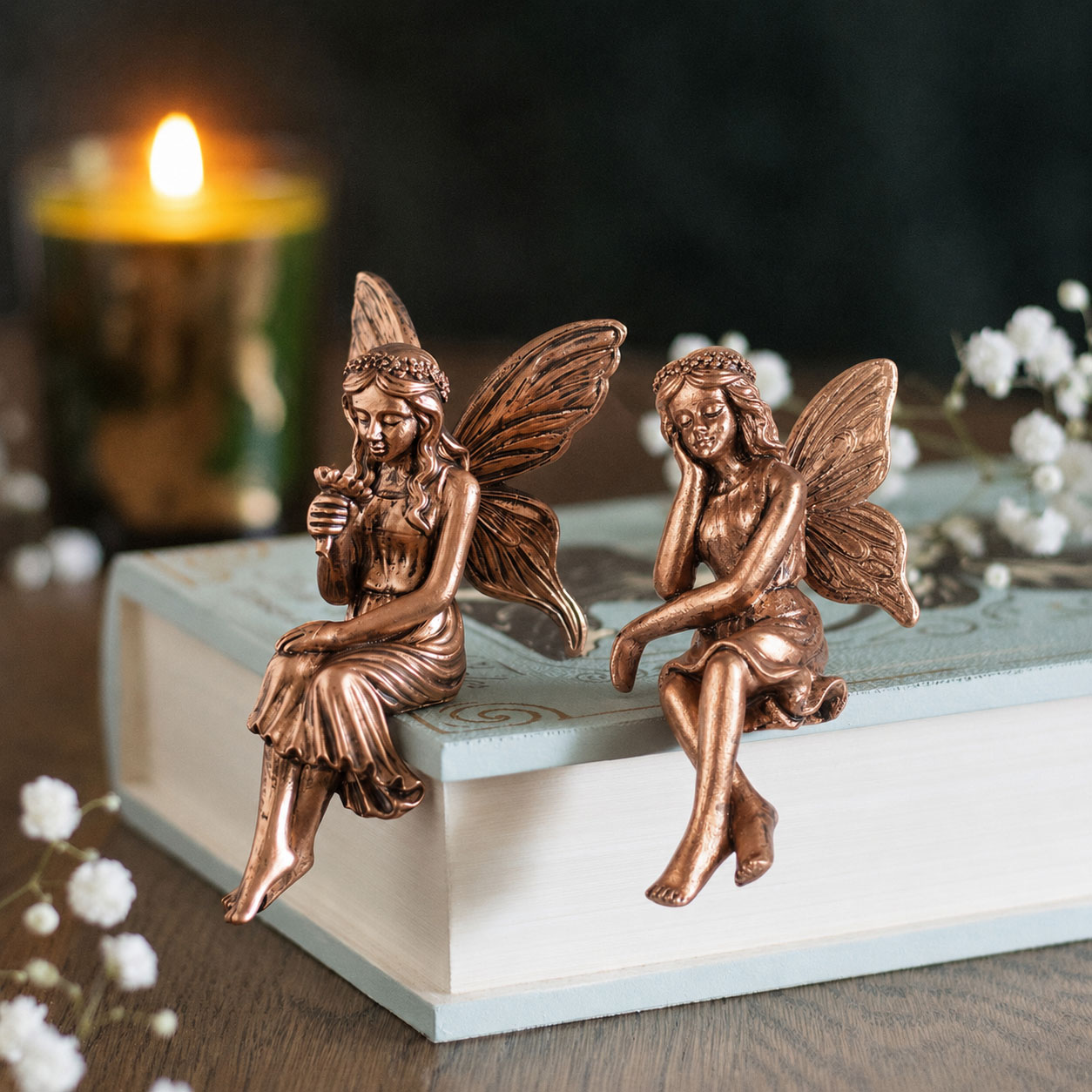 Set of 2 Resin Fairy Shelf Sitters - Antique Bronze Effect