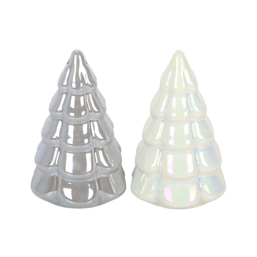 Silver & White Iridescent Fir Tree Salt & Pepper Shakers1