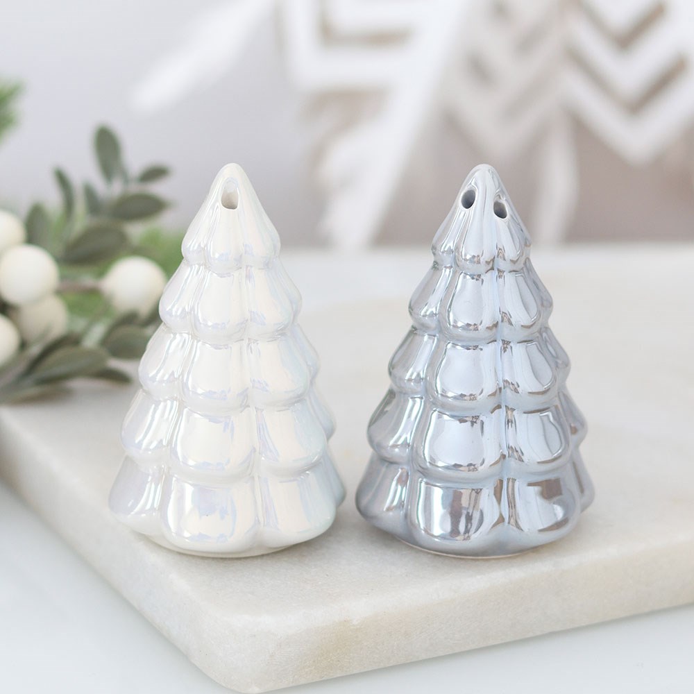 Silver & White Iridescent Fir Tree Salt & Pepper Shakers3