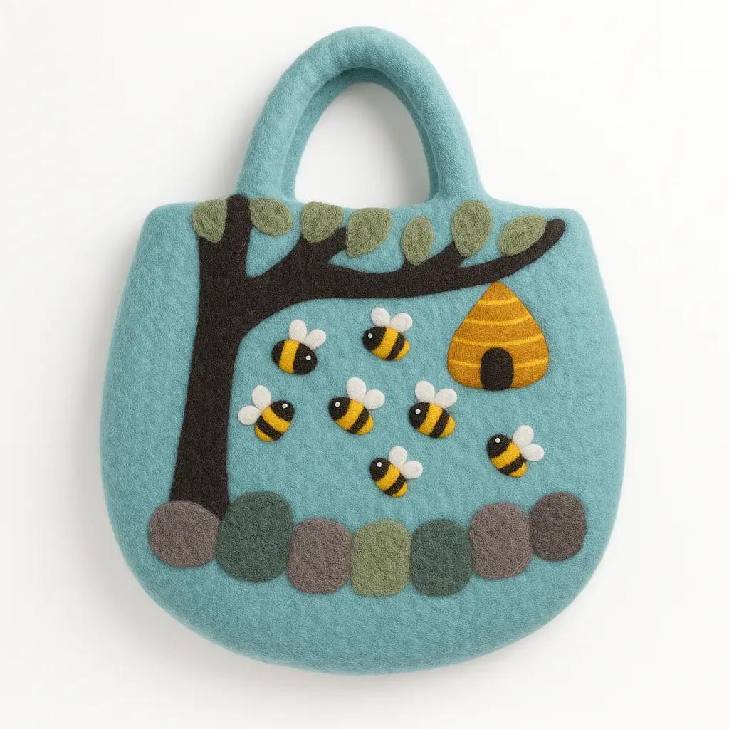 Handmade Tree & Beehive Felted Wool Bag (35x27cm)