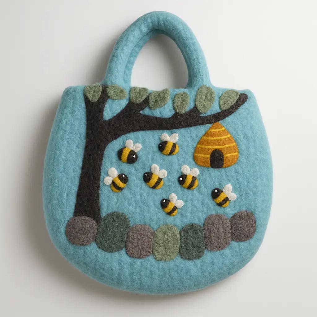Handmade Tree & Beehive Felted Wool Bag (35x27cm)1