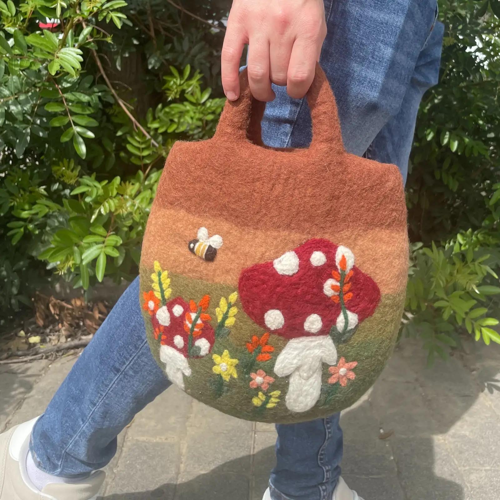 Handmade Mushroom Garden Felted Wool Bag (35x27cm)4