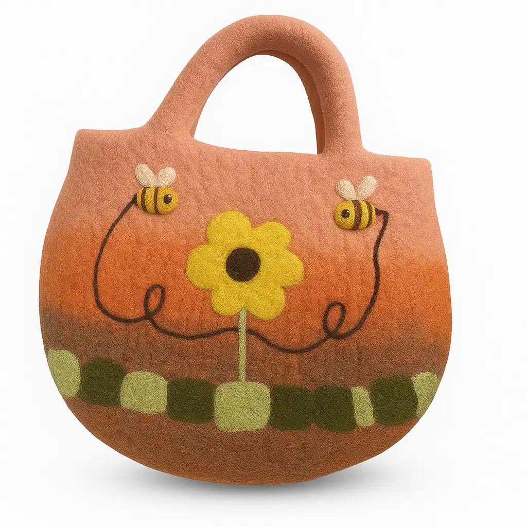Handmade Sunflower & Bees Felted Wool Bag (35x27cm)3