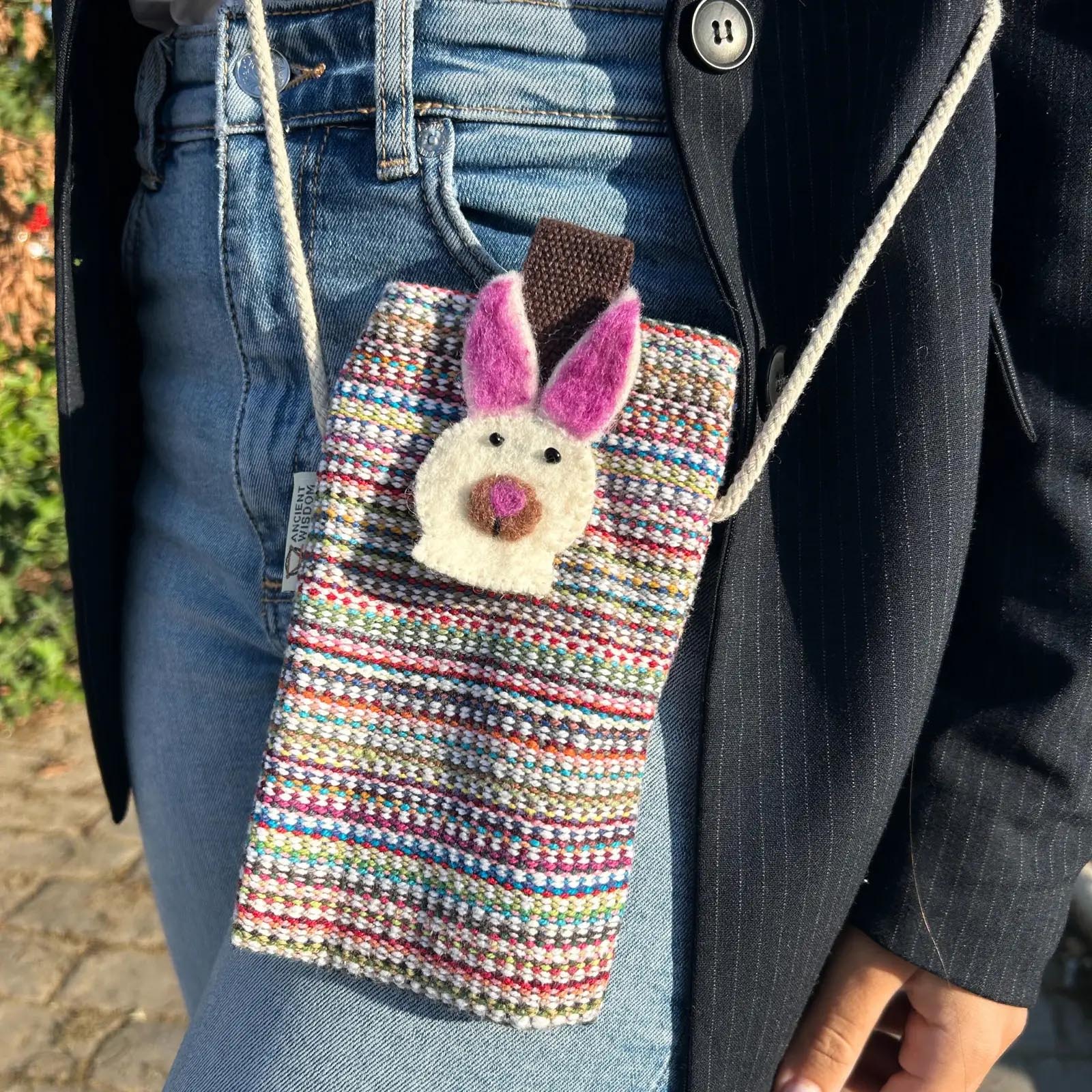 Handmade Pink Striped Cotton Phone Bag with Bunny1