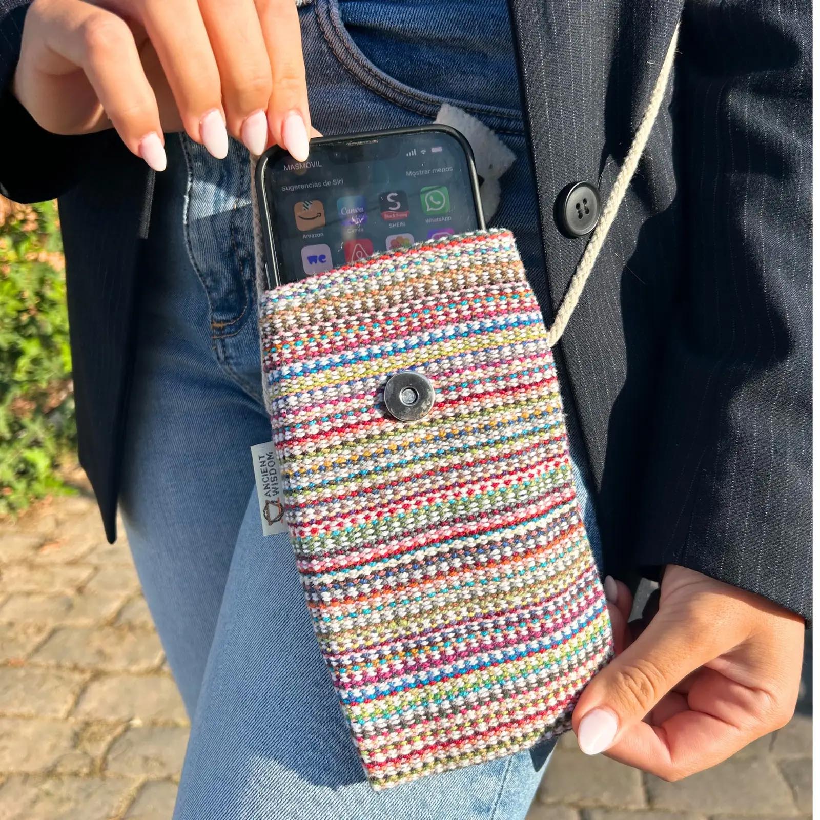 Handmade Pink Striped Cotton Phone Bag with Bunny3